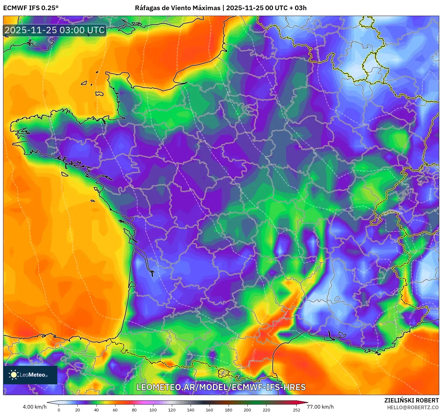 ECMWF IFS 0.25° model - Francia, Ráfagas de Viento Máximas