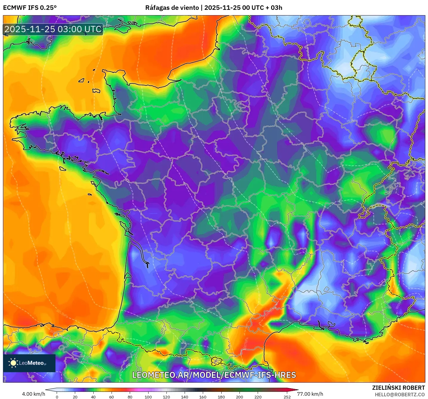 ECMWF IFS 0.25° model - Francia, Ráfagas de viento