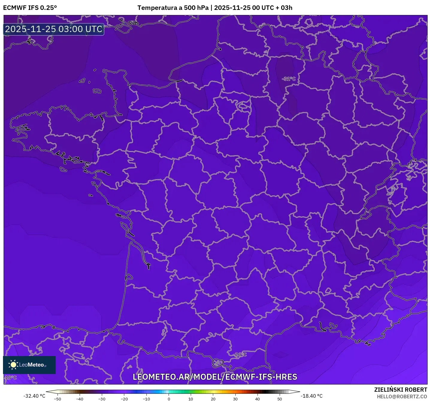 ECMWF IFS 0.25° model - Francia, Temperatura a 500 hPa