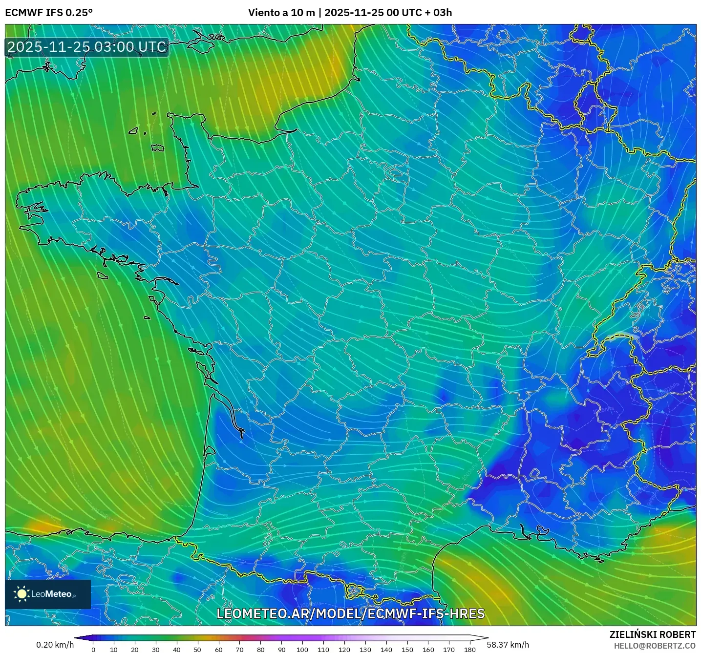 ECMWF IFS 0.25° model - Francia, Viento a 10 m