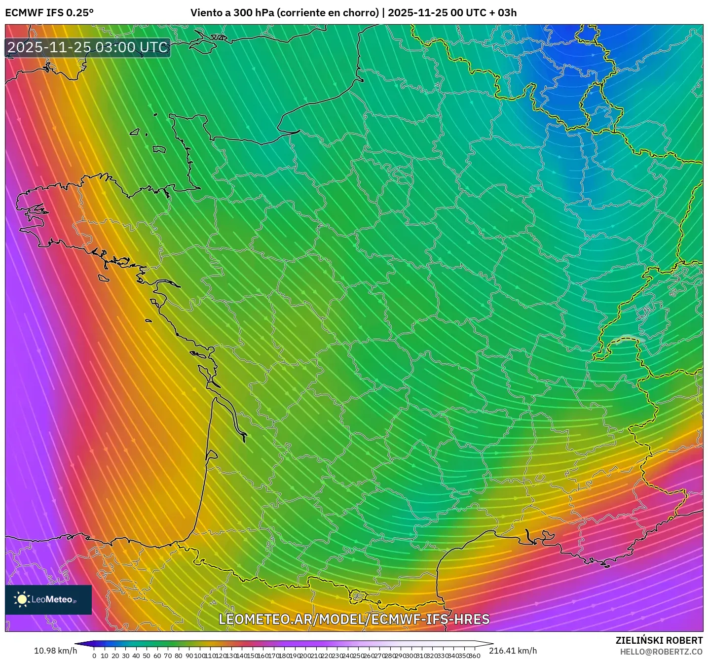 ECMWF IFS 0.25° model - Francia, Viento a 300 hPa (corriente en chorro)