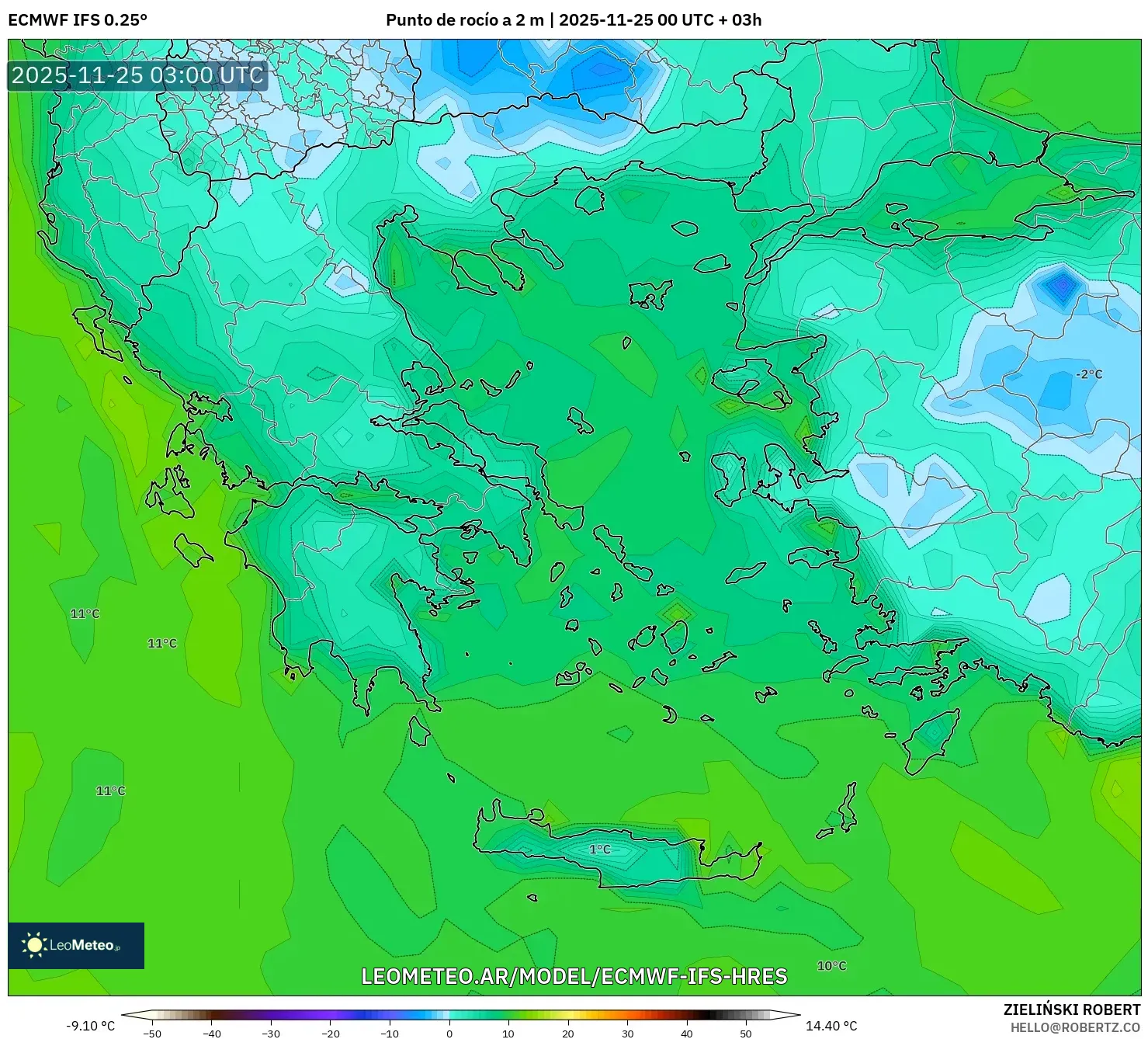 ECMWF IFS 0.25° model - Grecia, Punto de rocío a 2 m