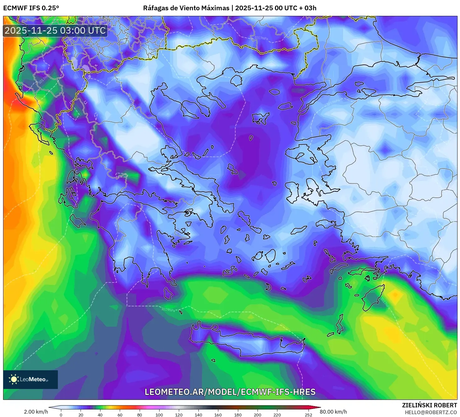 ECMWF IFS 0.25° model - Grecia, Ráfagas de Viento Máximas