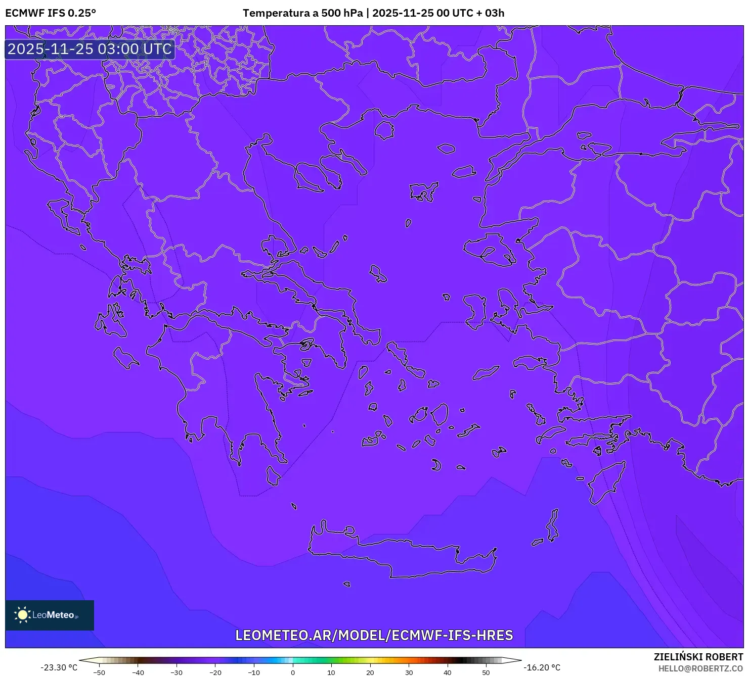 ECMWF IFS 0.25° model - Grecia, Temperatura a 500 hPa