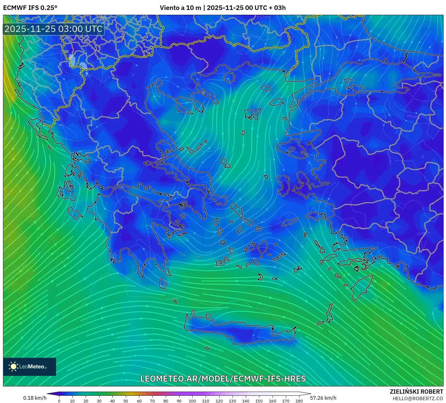 ECMWF IFS 0.25° model - Grecia, Viento a 10 m