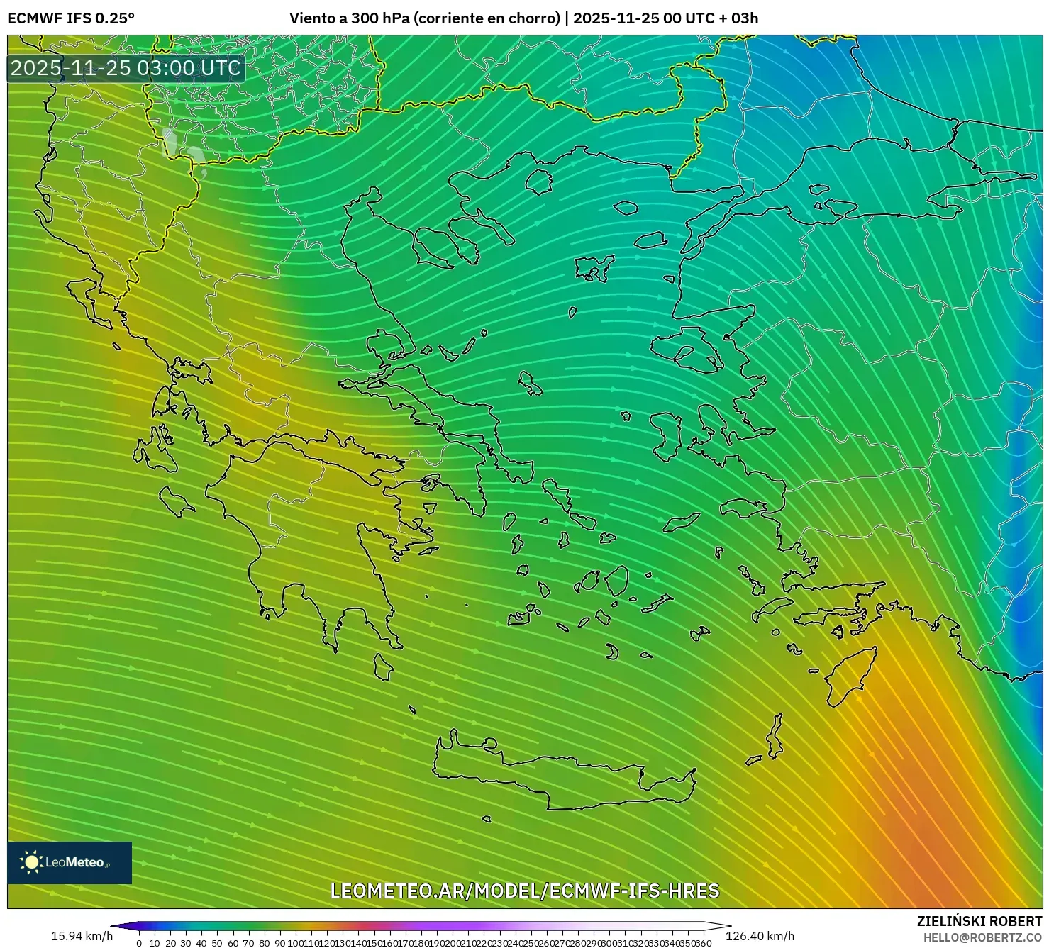 ECMWF IFS 0.25° model - Grecia, Viento a 300 hPa (corriente en chorro)