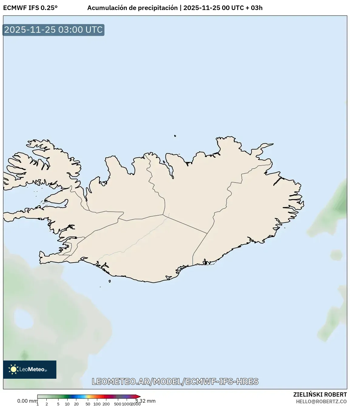 ECMWF IFS 0.25° model - Islandia, Acumulación de precipitación