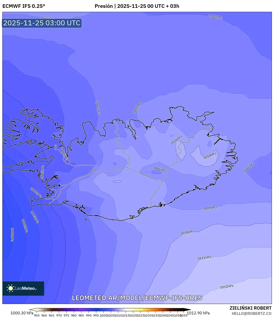 ECMWF IFS 0.25° model - Islandia, Presión