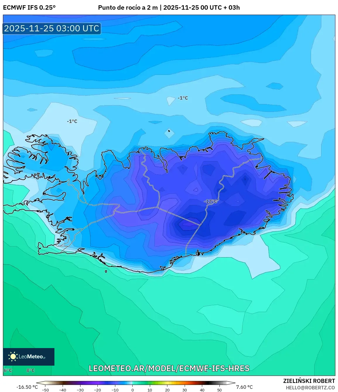 ECMWF IFS 0.25° model - Islandia, Punto de rocío a 2 m