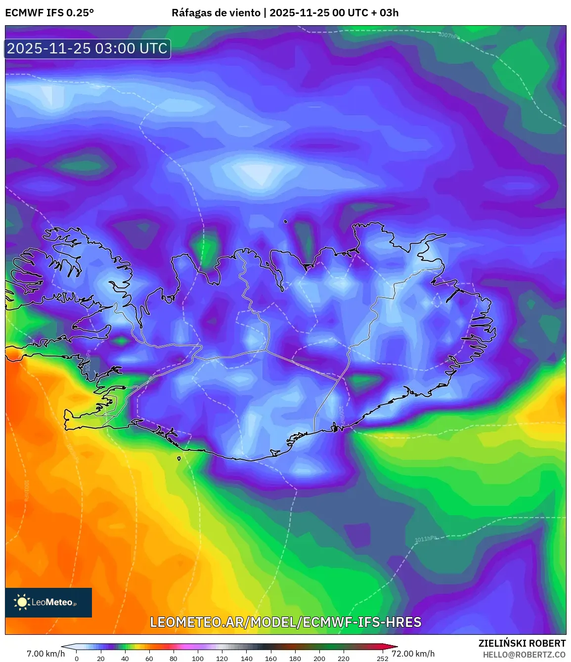 ECMWF IFS 0.25° model - Islandia, Ráfagas de viento