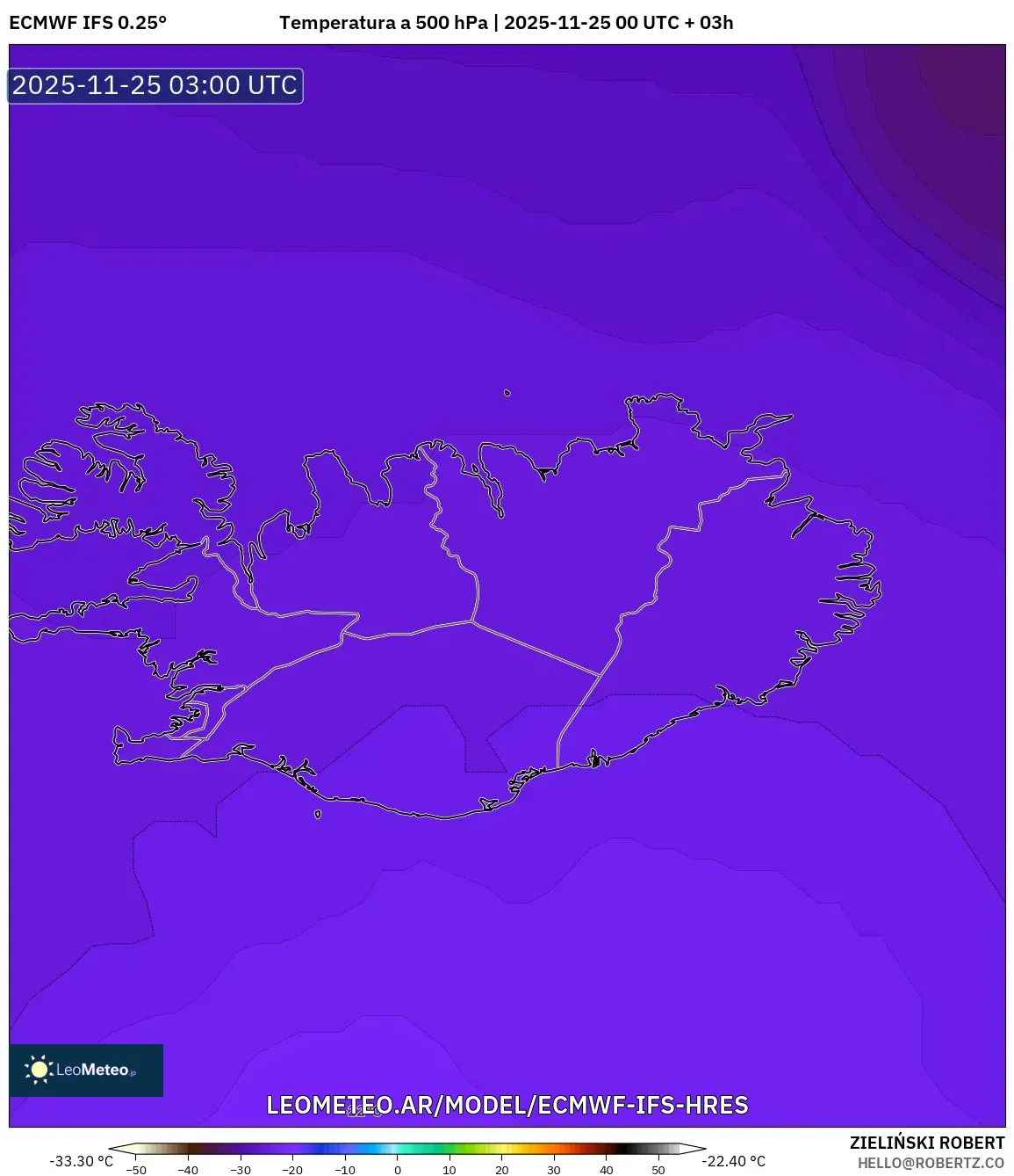 ECMWF IFS 0.25° model - Islandia, Temperatura a 500 hPa