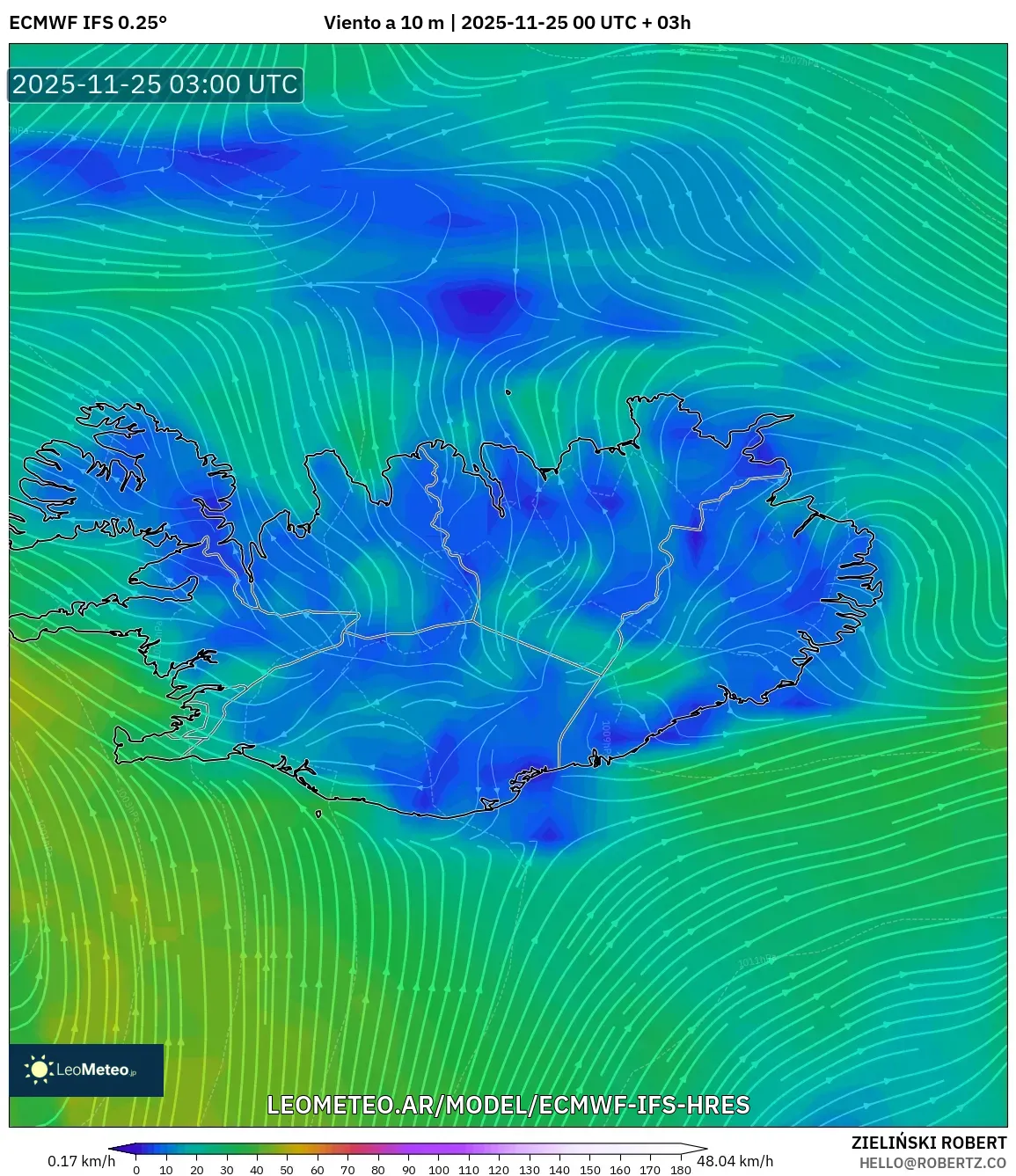 ECMWF IFS 0.25° model - Islandia, Viento a 10 m