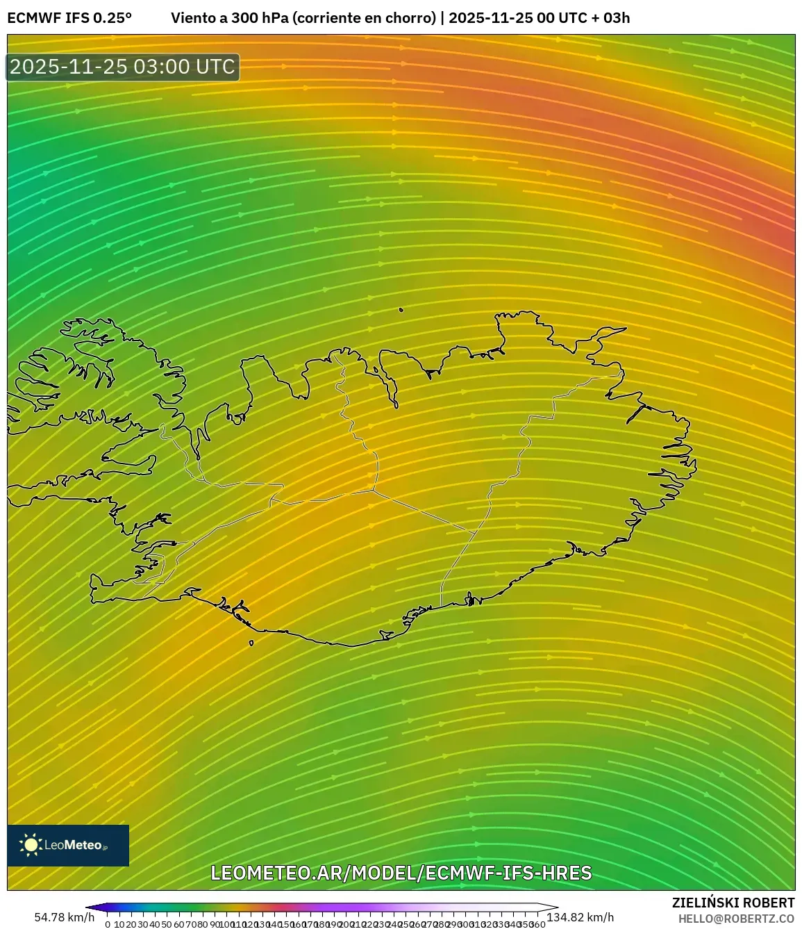 ECMWF IFS 0.25° model - Islandia, Viento a 300 hPa (corriente en chorro)