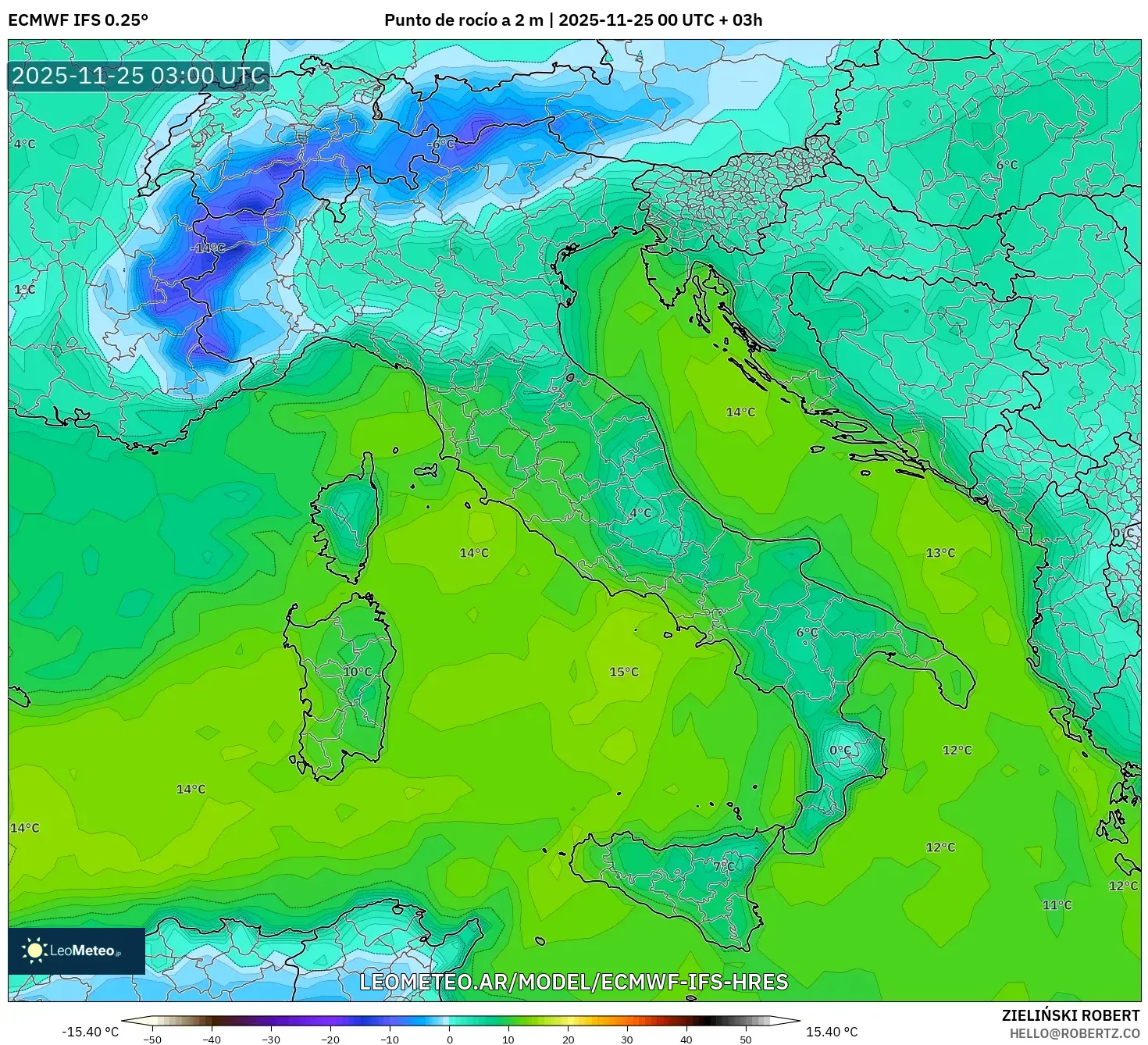 ECMWF IFS 0.25° model - Italia, Punto de rocío a 2 m