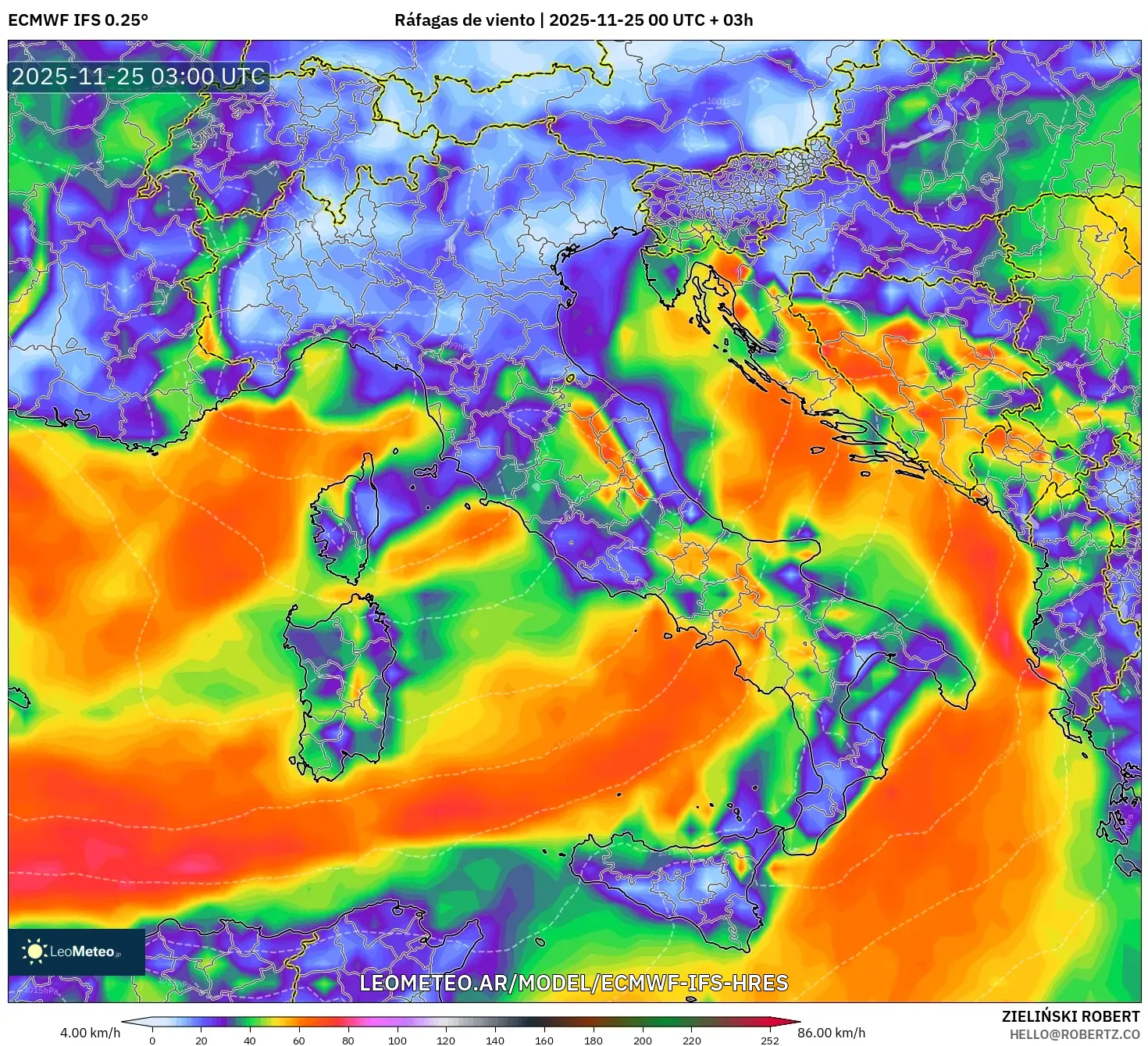 ECMWF IFS 0.25° model - Italia, Ráfagas de viento