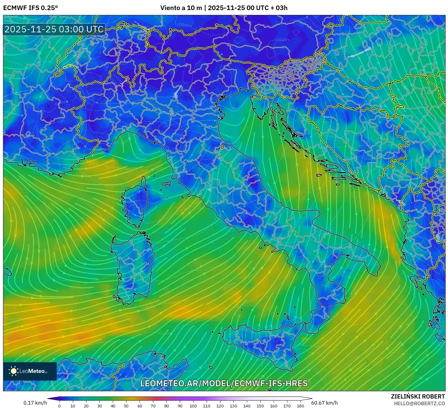 ECMWF IFS 0.25° model - Italia, Viento a 10 m
