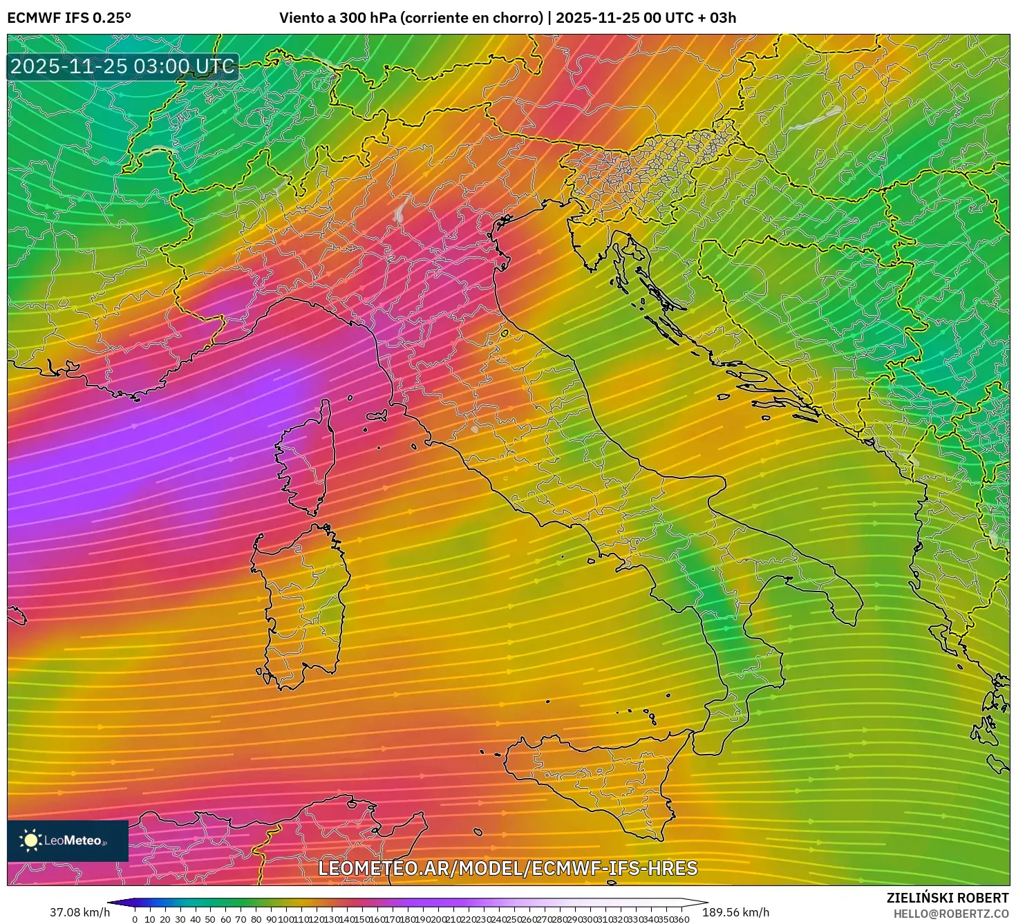 ECMWF IFS 0.25° model - Italia, Viento a 300 hPa (corriente en chorro)