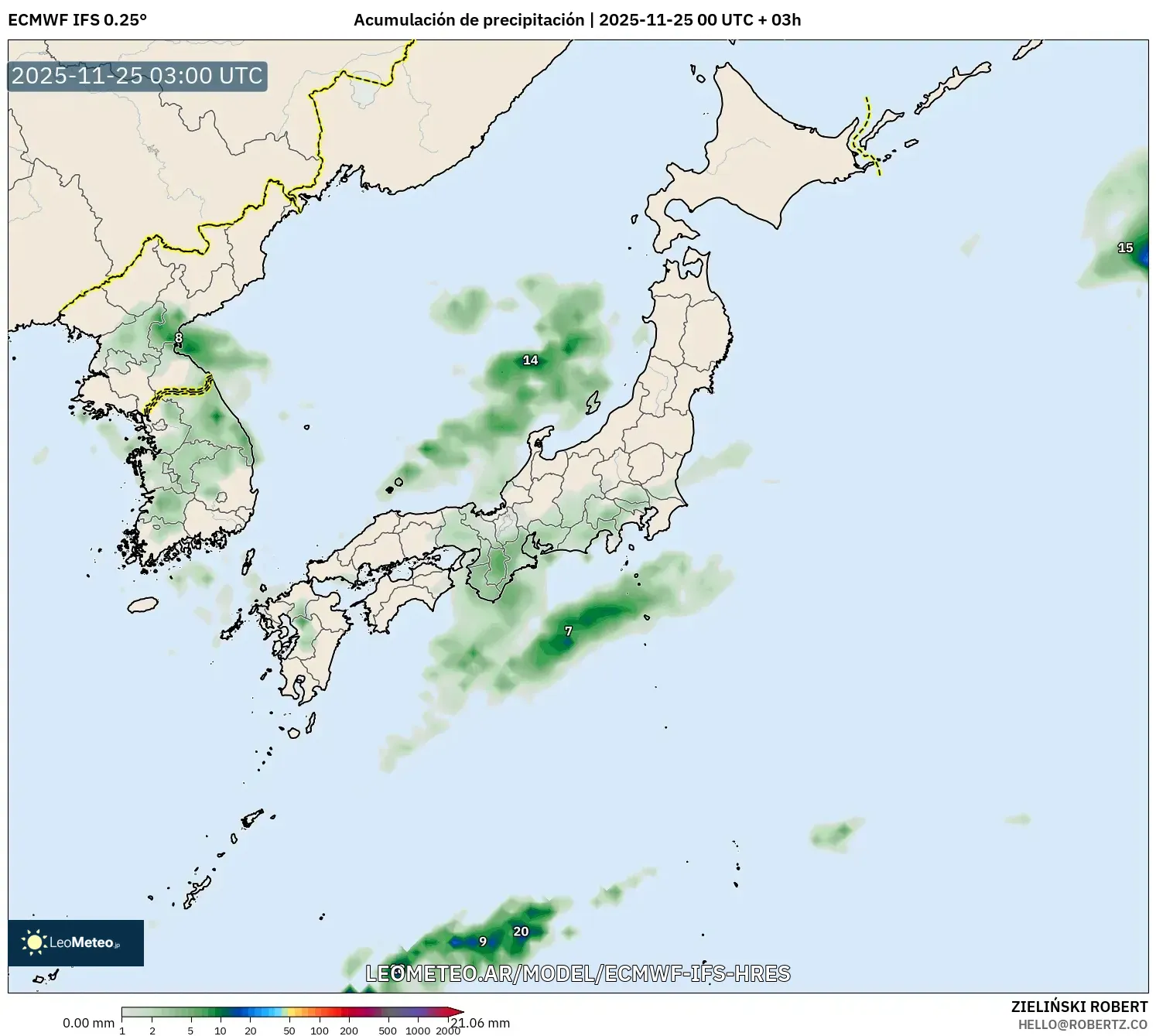 ECMWF IFS 0.25° model - Japón, Acumulación de precipitación