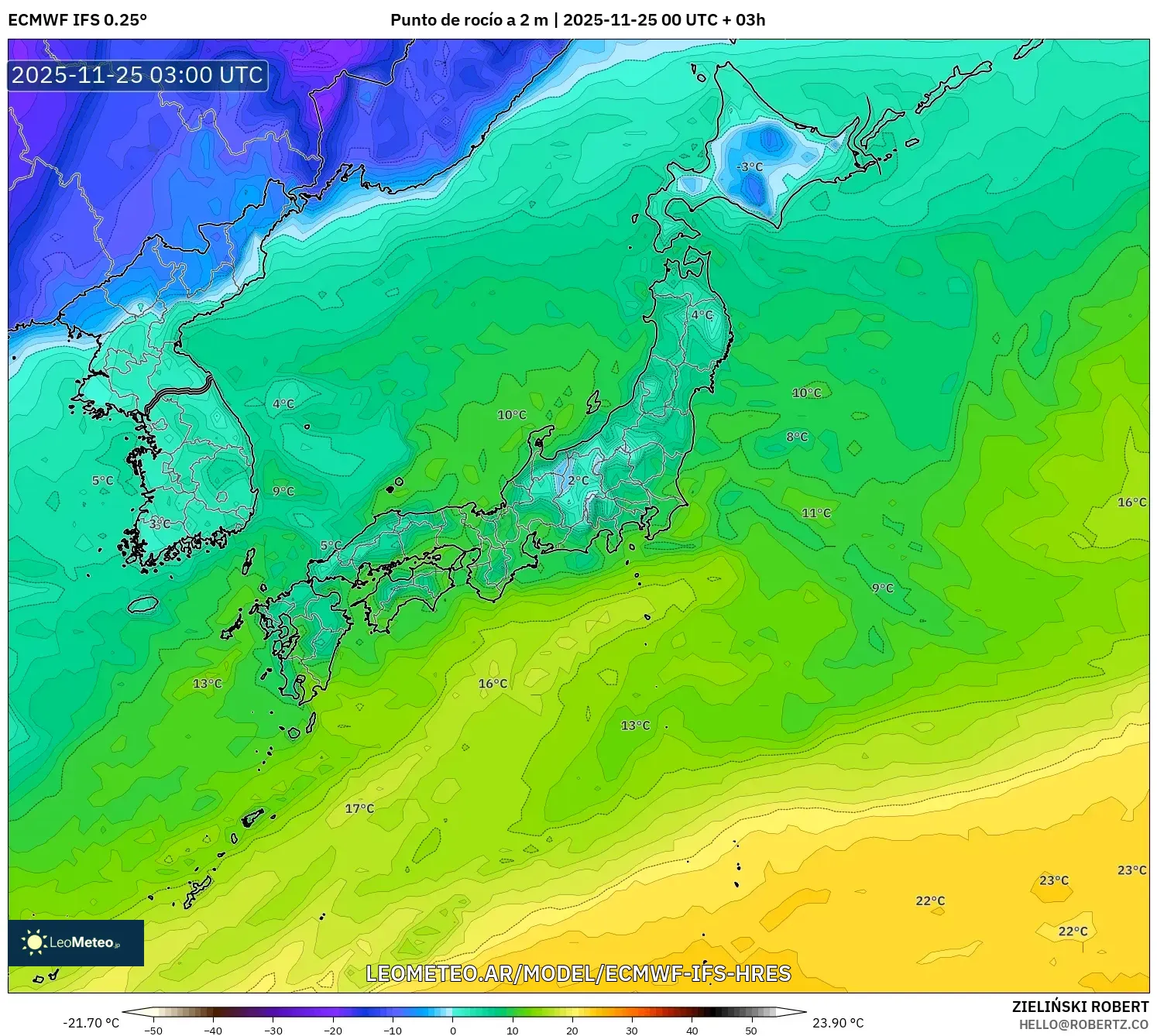 ECMWF IFS 0.25° model - Japón, Punto de rocío a 2 m