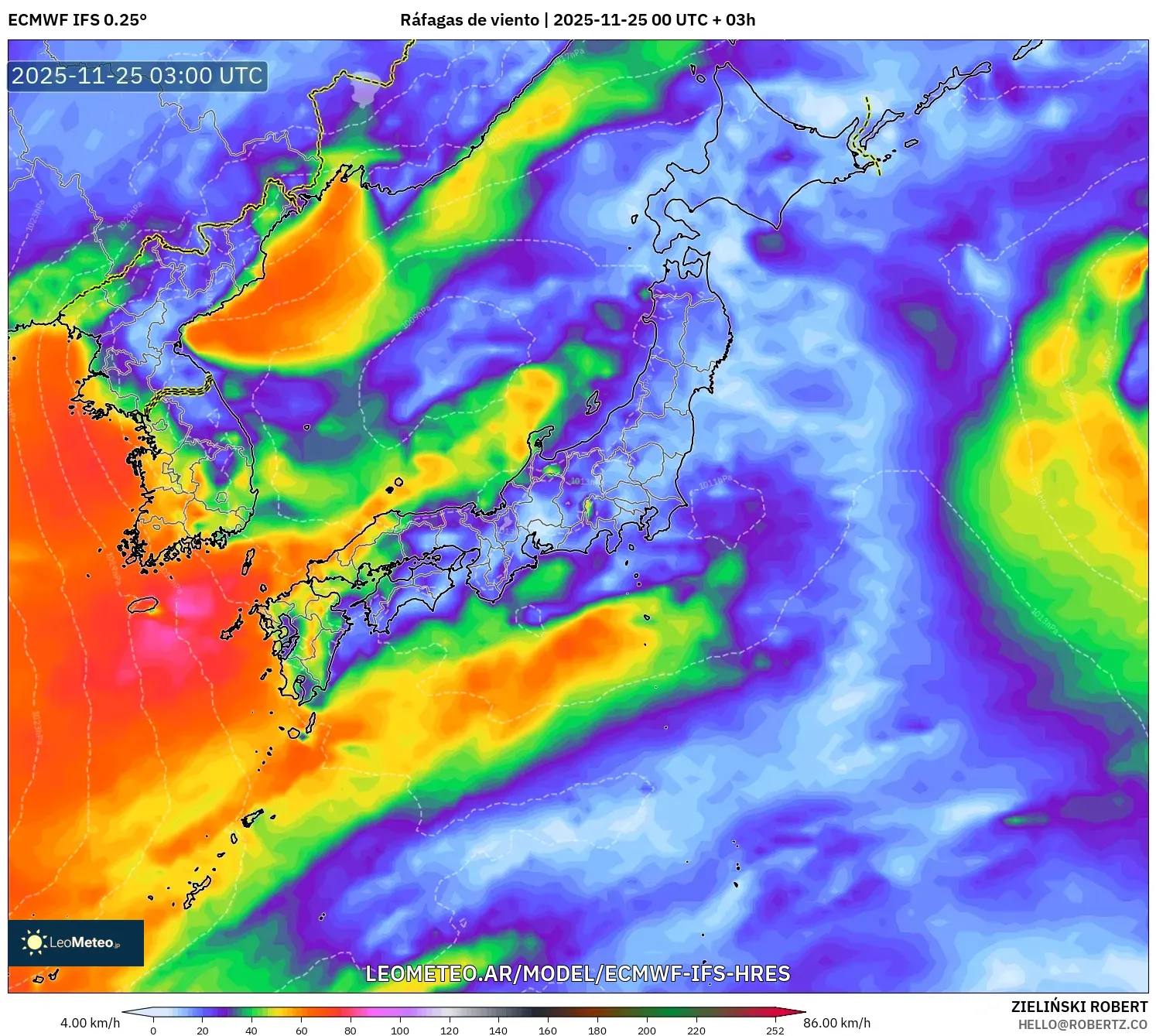 ECMWF IFS 0.25° model - Japón, Ráfagas de viento