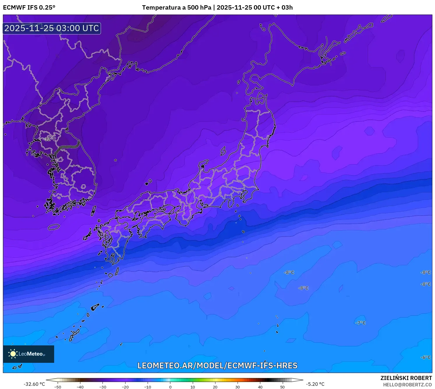 ECMWF IFS 0.25° model - Japón, Temperatura a 500 hPa