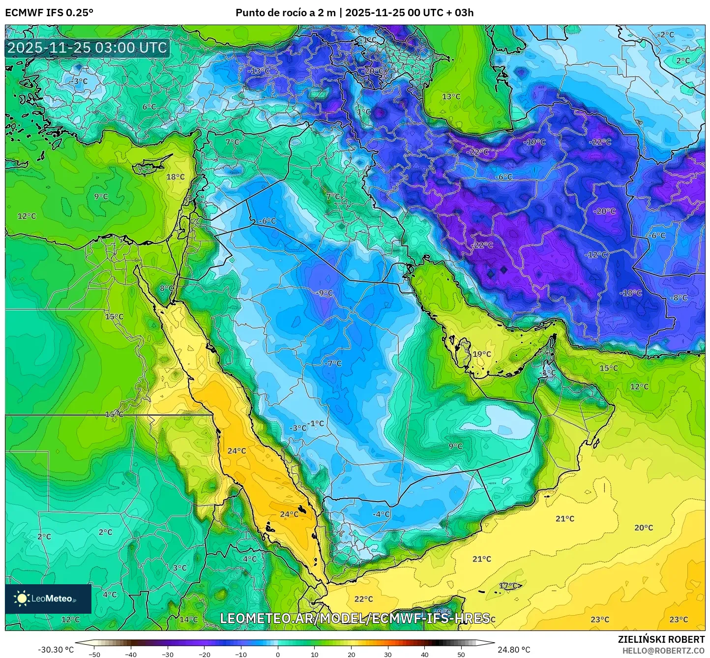 ECMWF IFS 0.25° model - Oriente Medio, Punto de rocío a 2 m