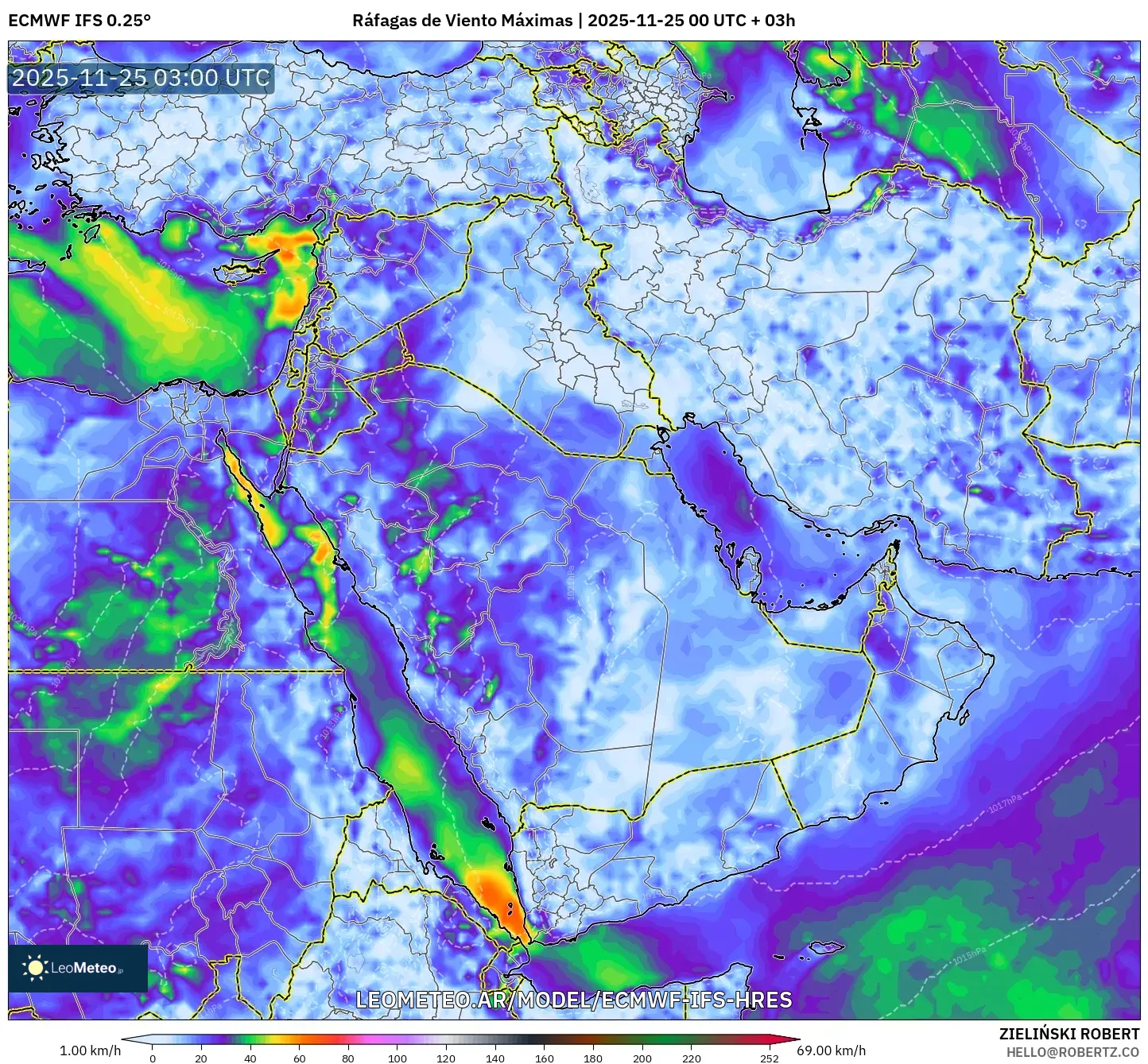 ECMWF IFS 0.25° model - Oriente Medio, Ráfagas de Viento Máximas