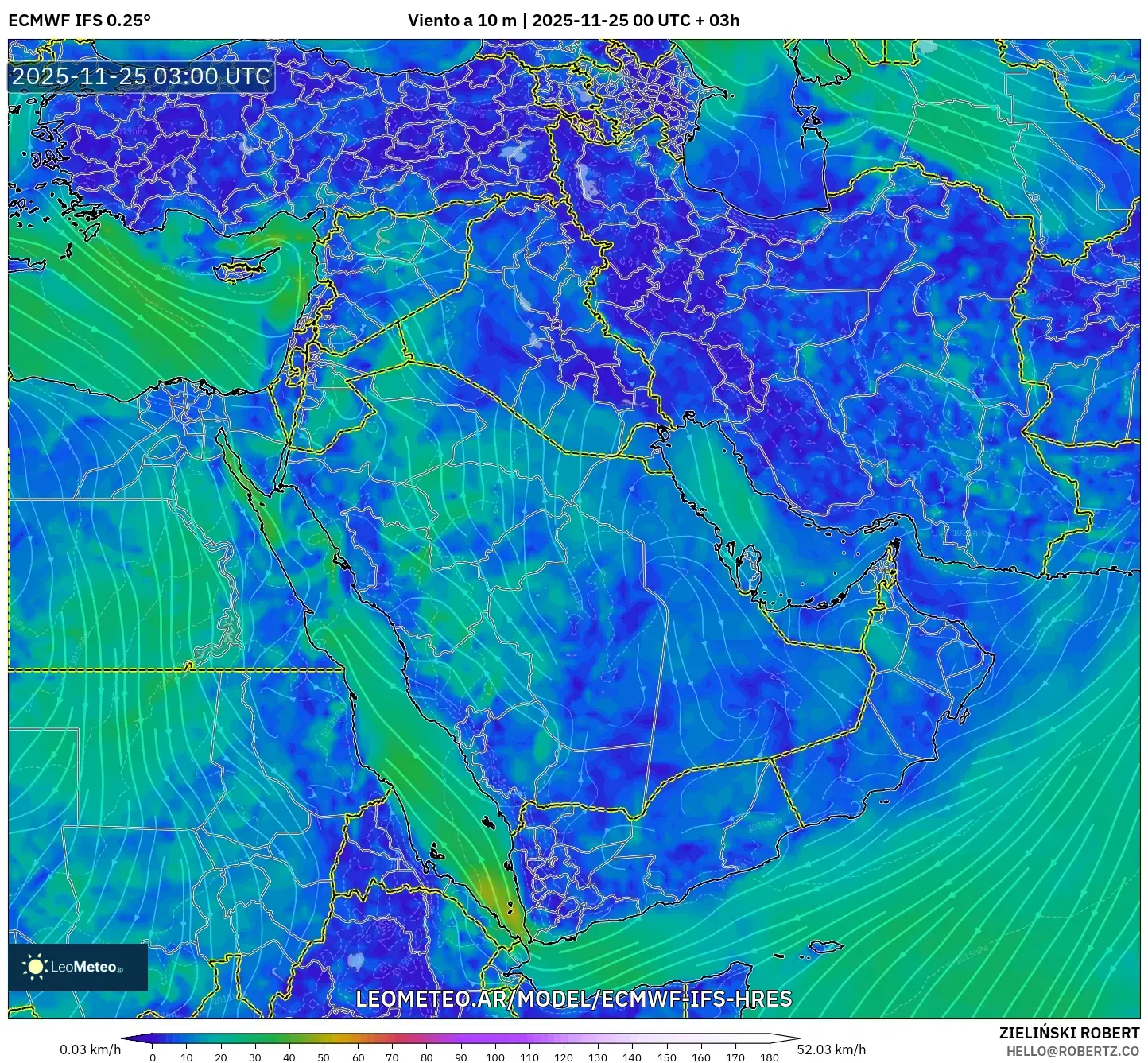 ECMWF IFS 0.25° model - Oriente Medio, Viento a 10 m