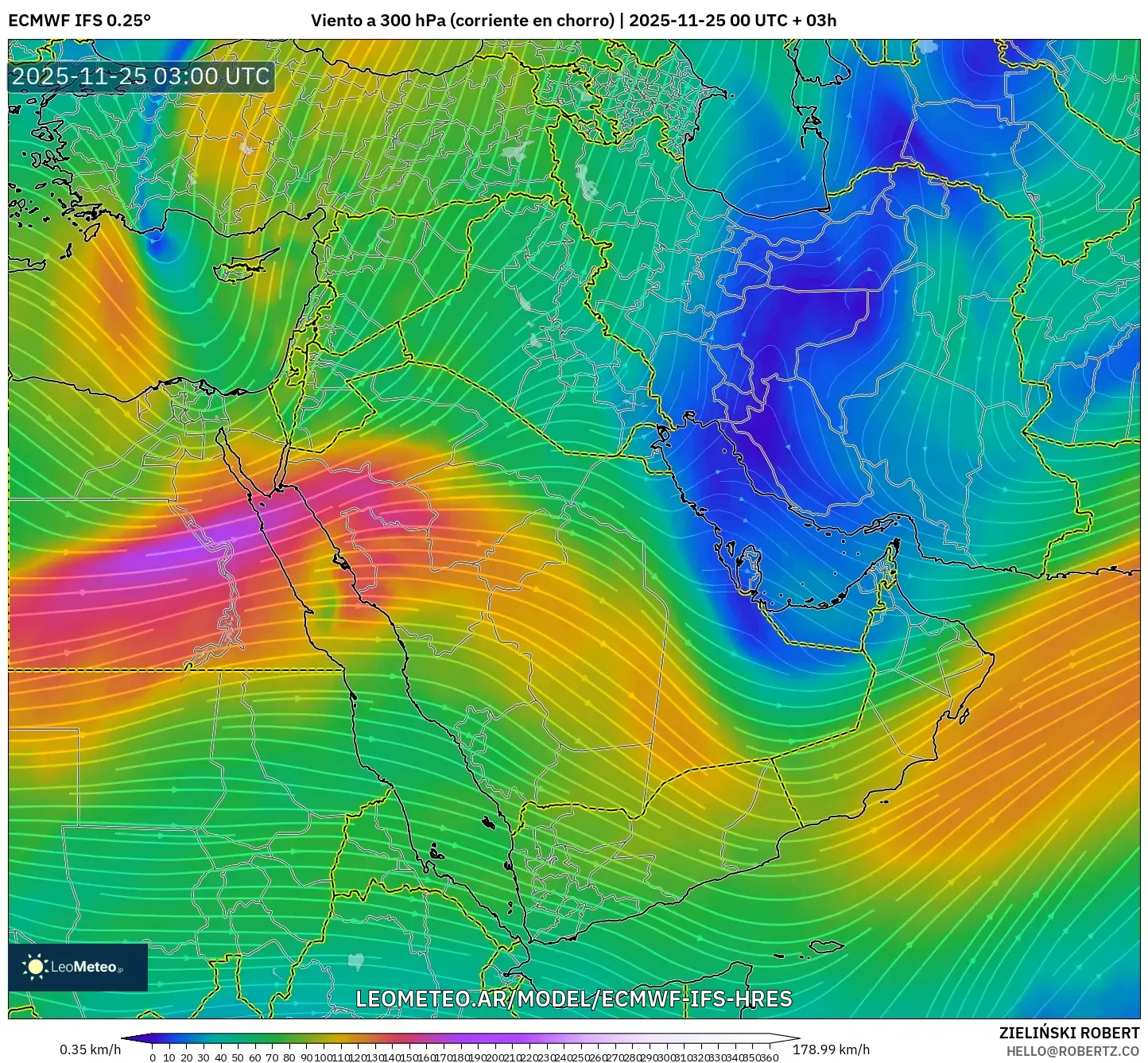 ECMWF IFS 0.25° model - Oriente Medio, Viento a 300 hPa (corriente en chorro)