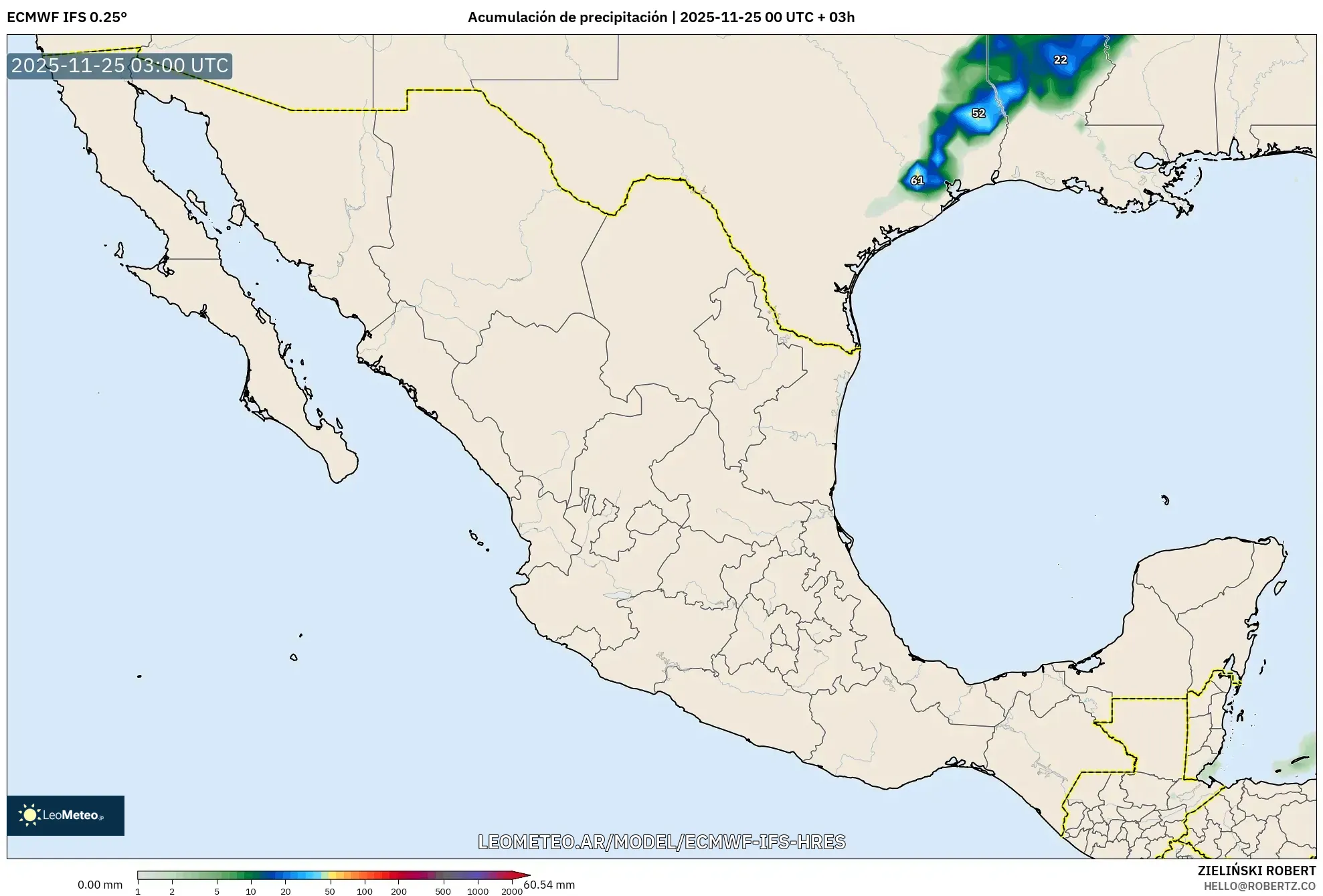 ECMWF IFS 0.25° model - México, Acumulación de precipitación