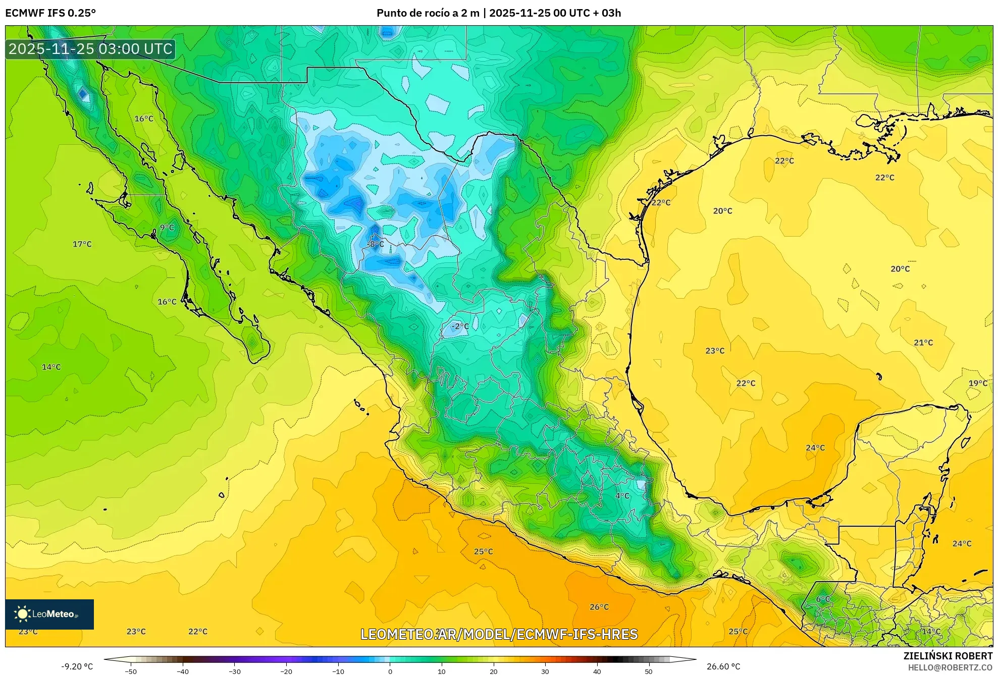 ECMWF IFS 0.25° model - México, Punto de rocío a 2 m
