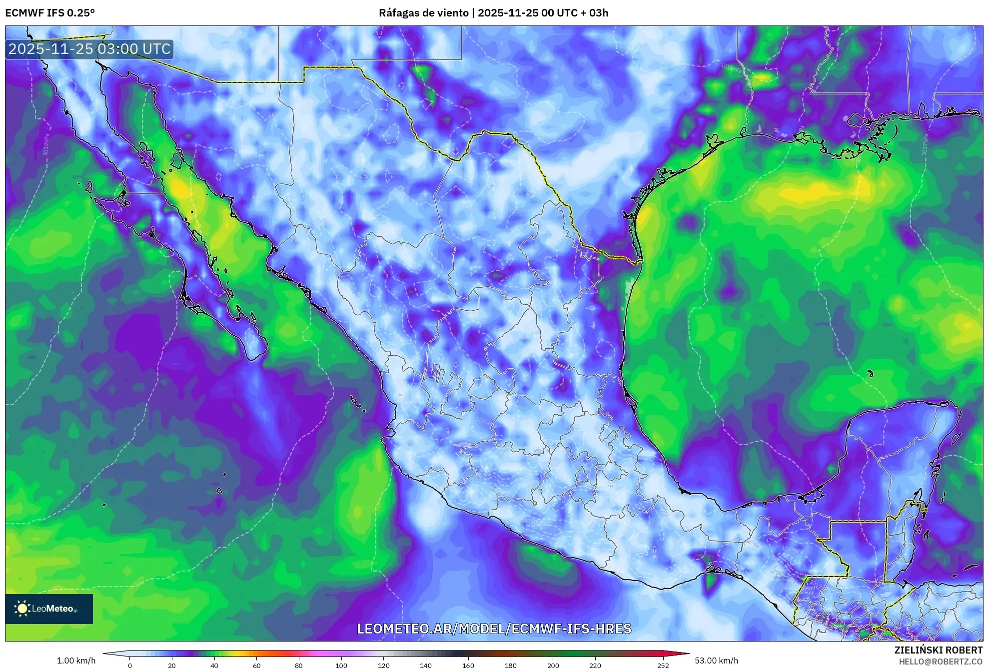 ECMWF IFS 0.25° model - México, Ráfagas de viento