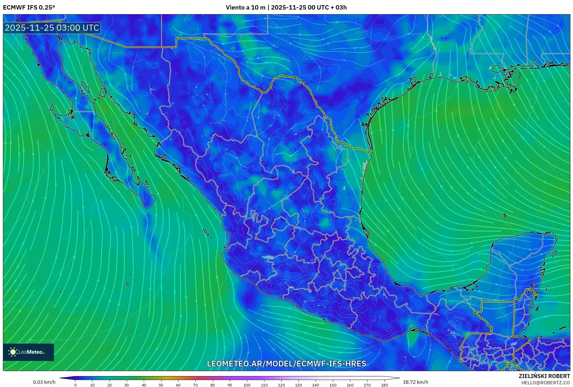 ECMWF IFS 0.25° model - México, Viento a 10 m