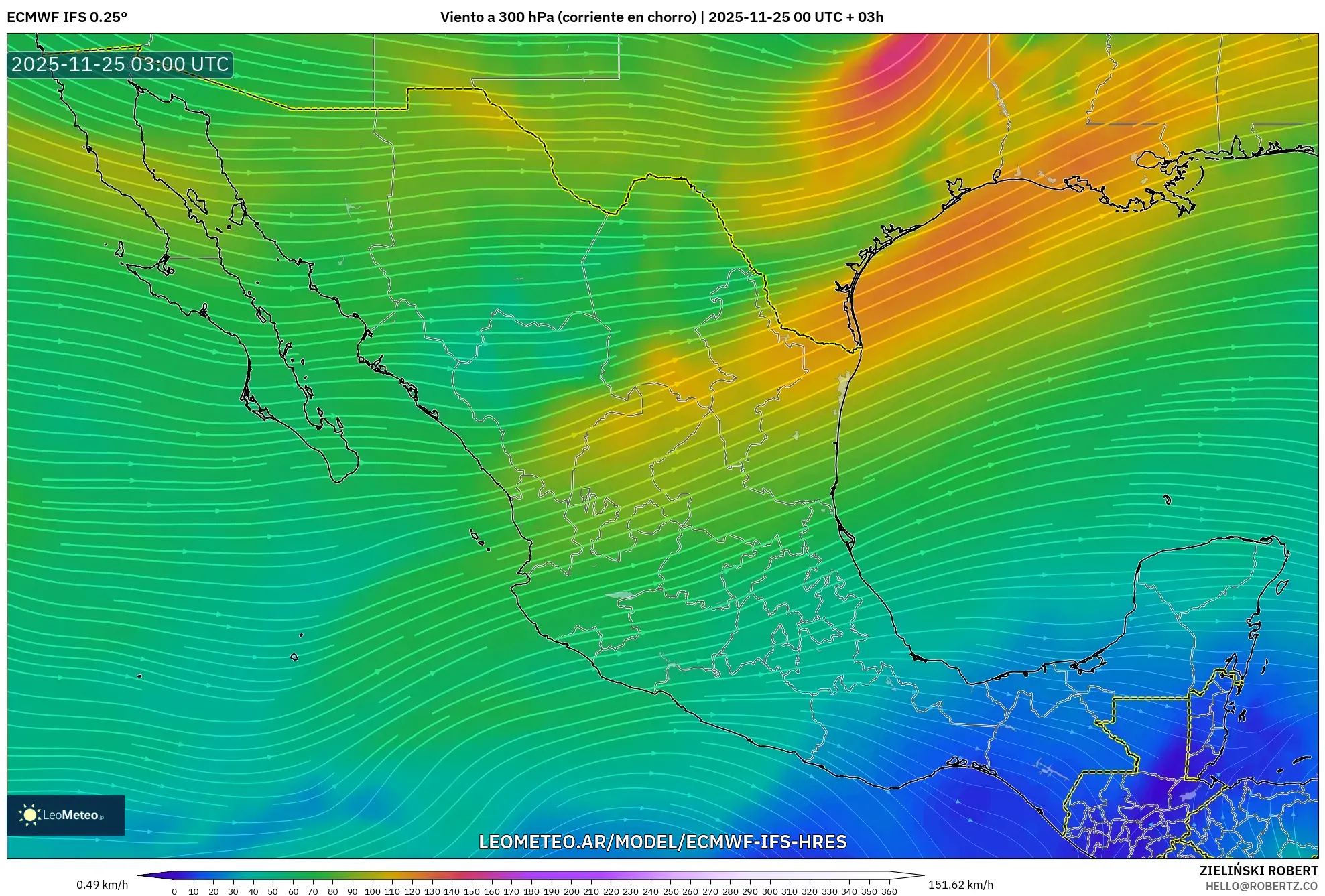 ECMWF IFS 0.25° model - México, Viento a 300 hPa (corriente en chorro)