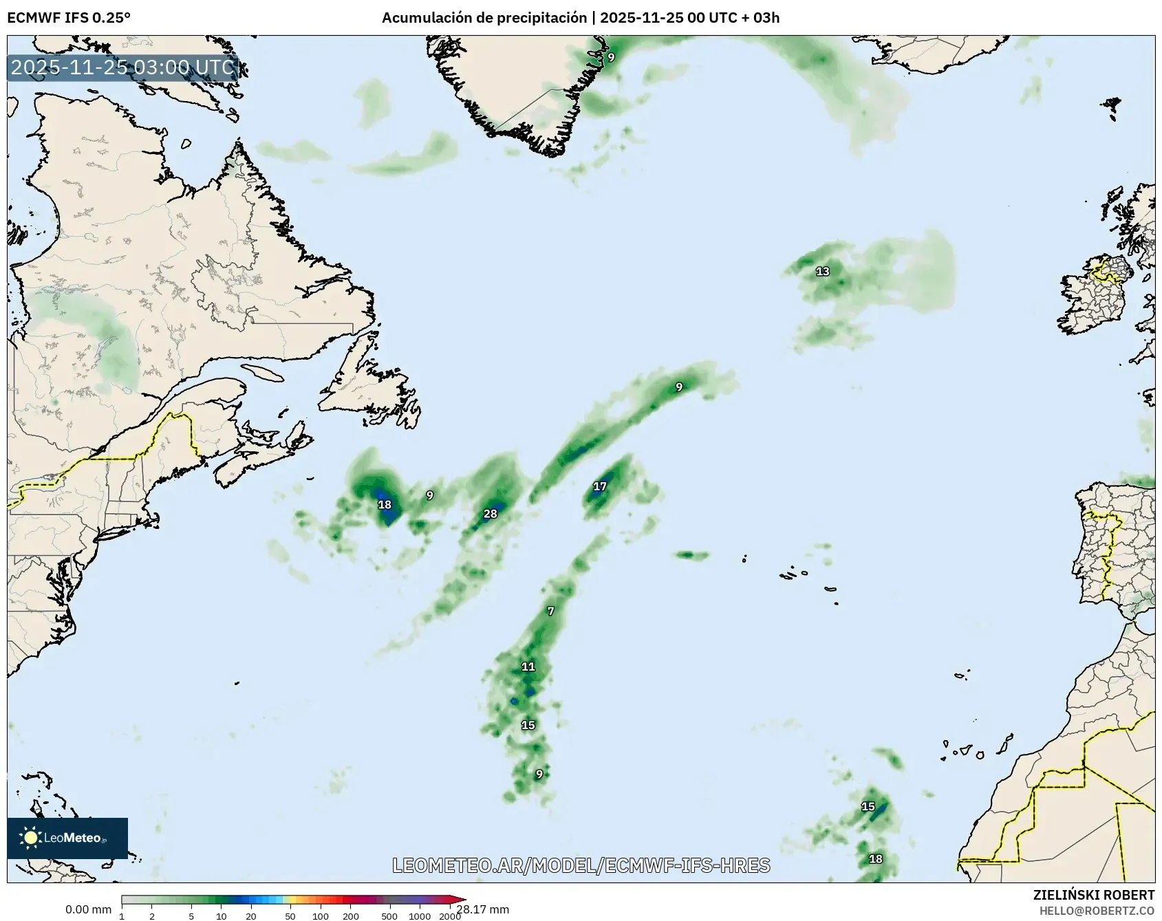 ECMWF IFS 0.25° model - Norte Atlántico, Acumulación de precipitación