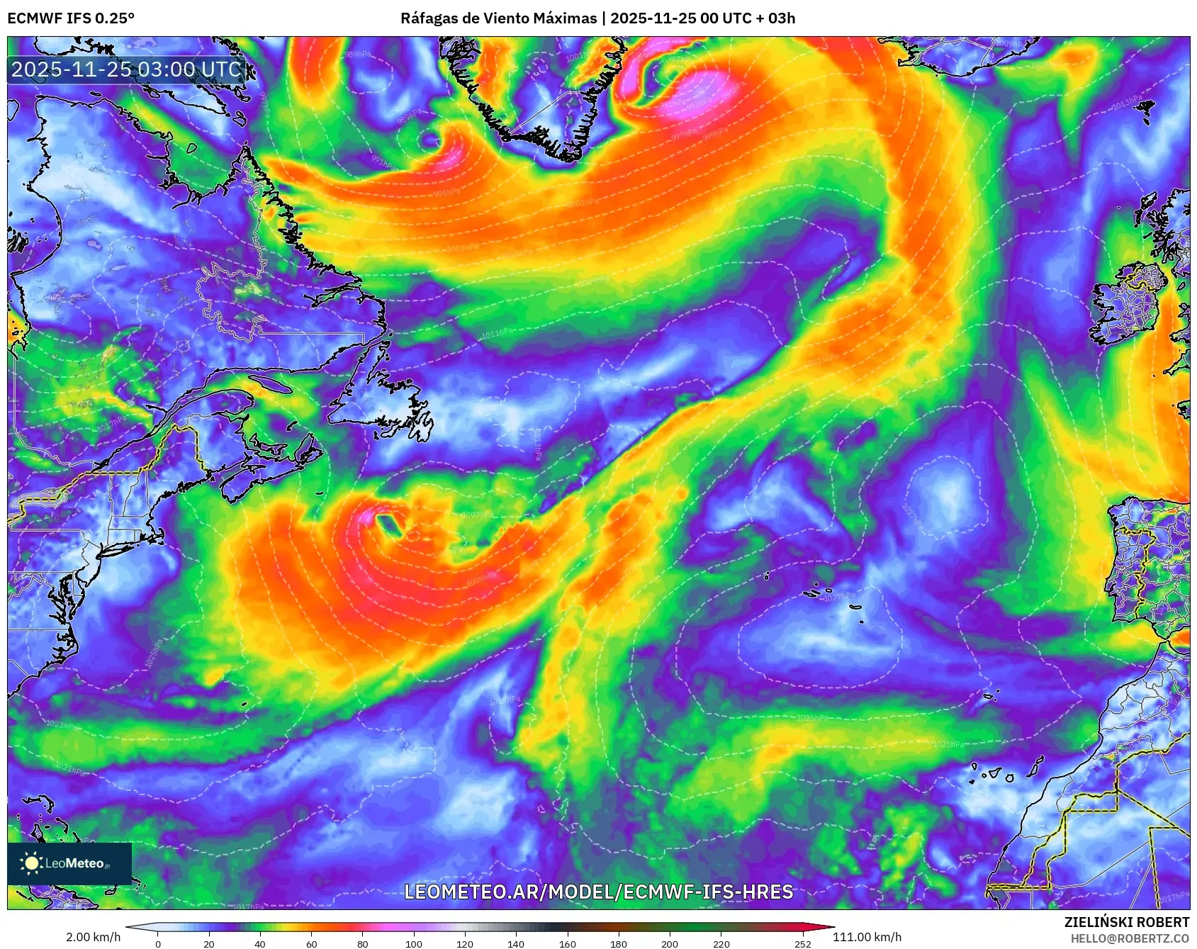 ECMWF IFS 0.25° model - Norte Atlántico, Ráfagas de Viento Máximas