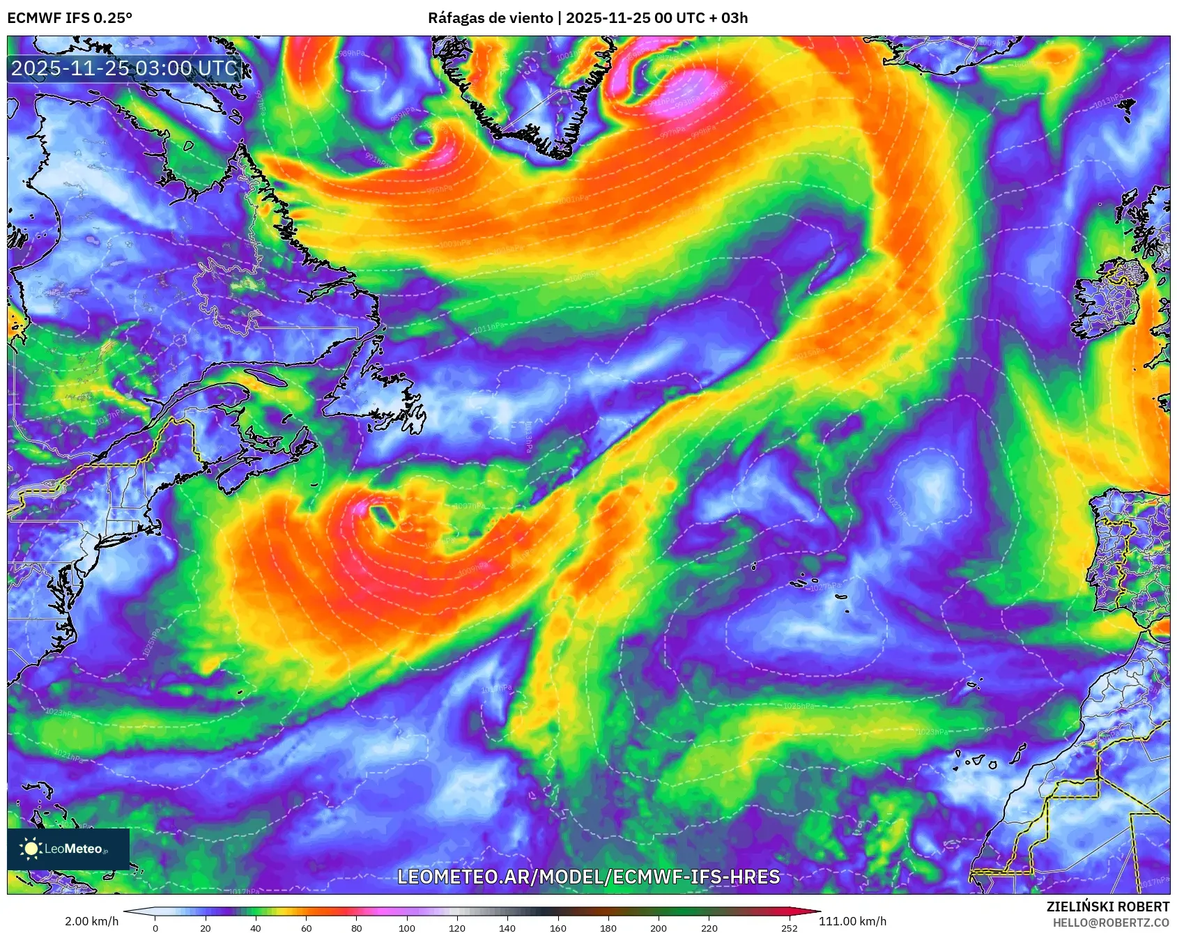 ECMWF IFS 0.25° model - Norte Atlántico, Ráfagas de viento