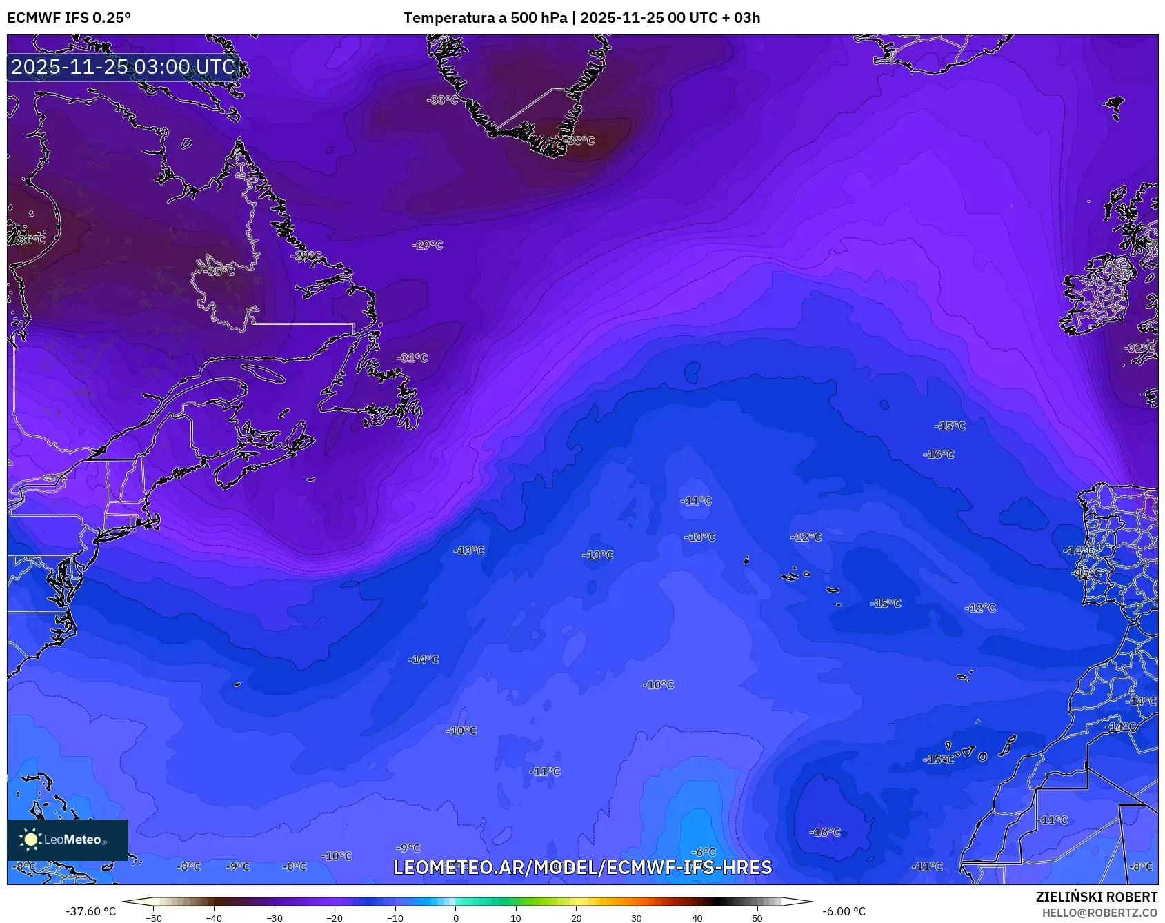 ECMWF IFS 0.25° model - Norte Atlántico, Temperatura a 500 hPa