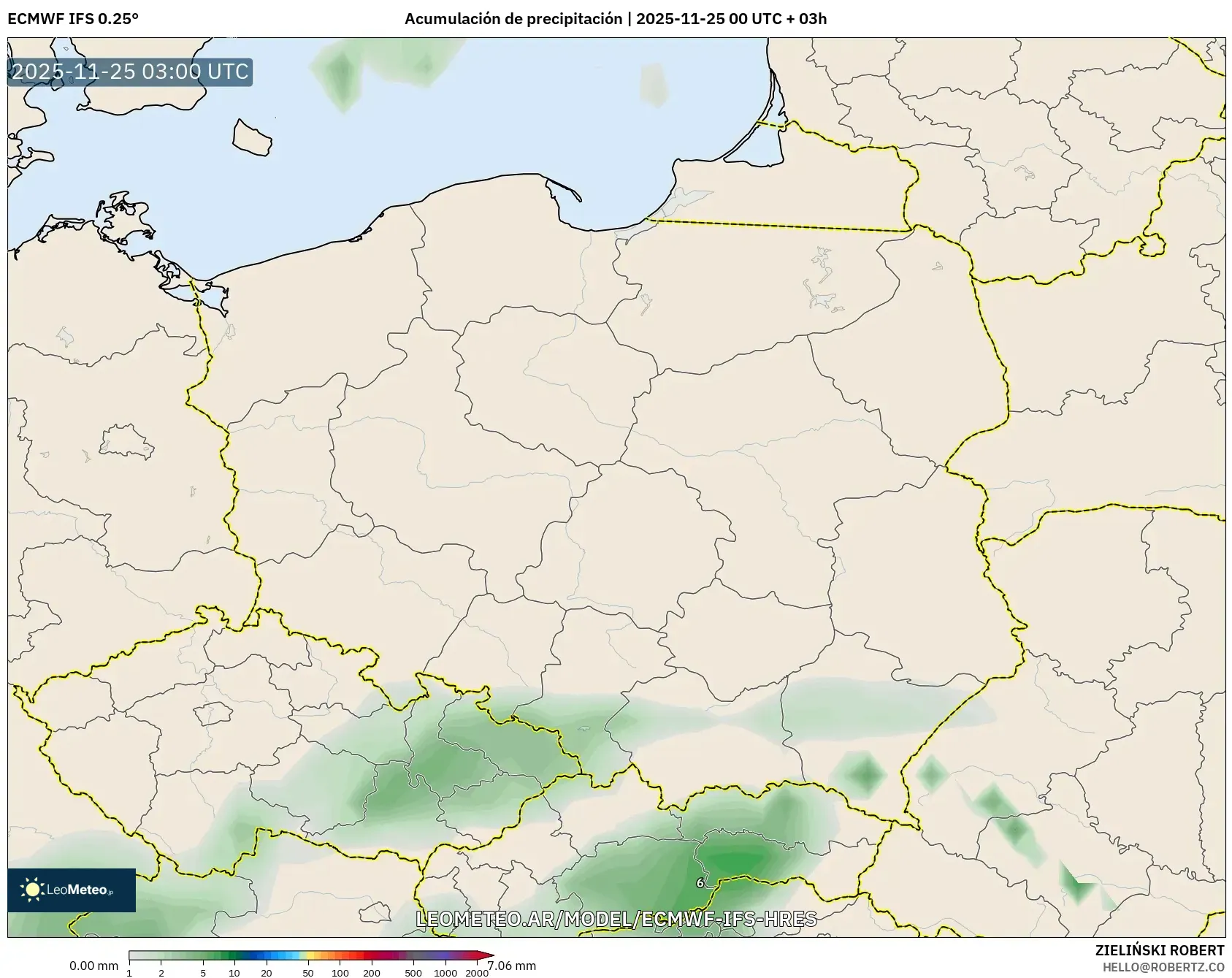 ECMWF IFS 0.25° model - Polonia, Acumulación de precipitación