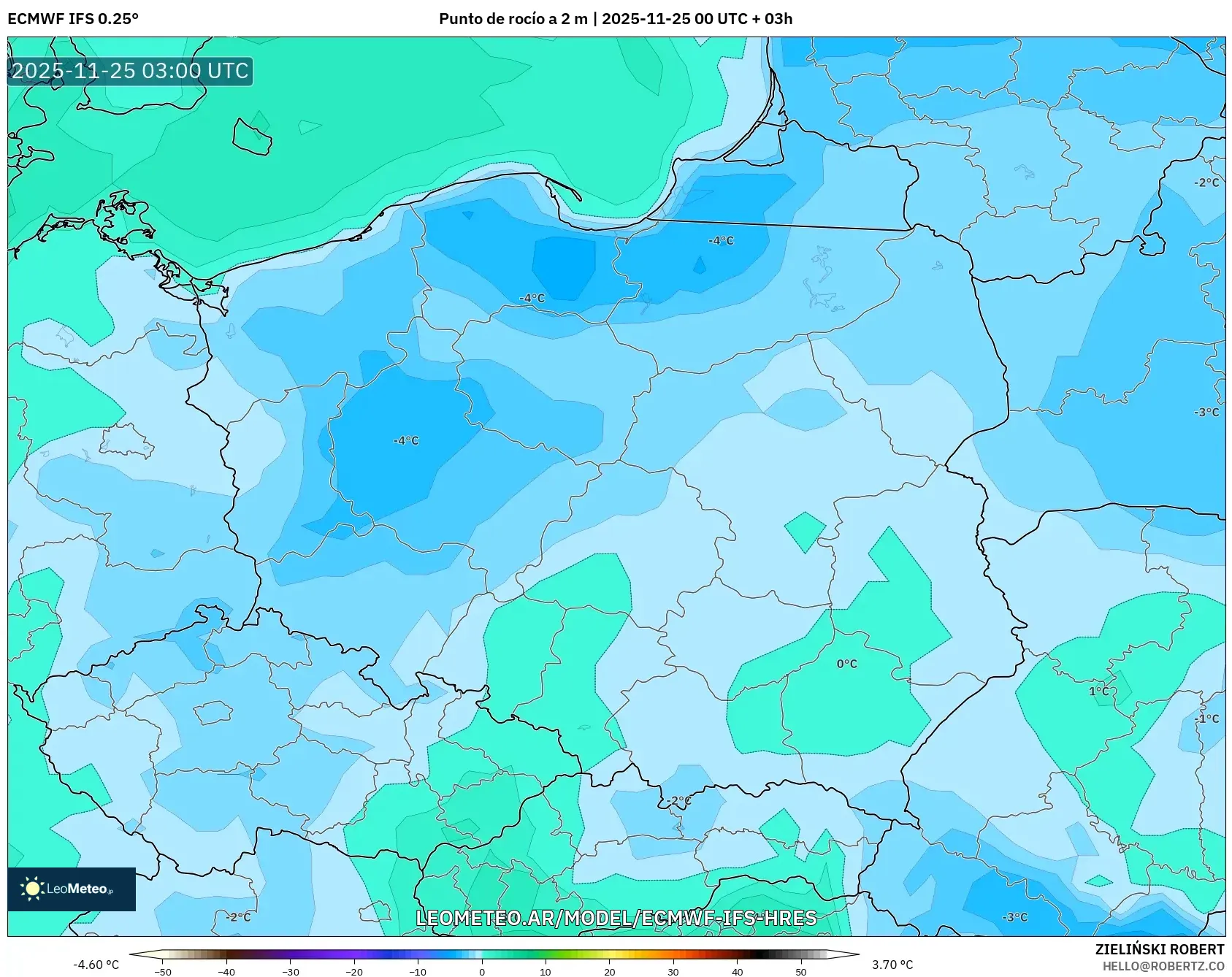 ECMWF IFS 0.25° model - Polonia, Punto de rocío a 2 m