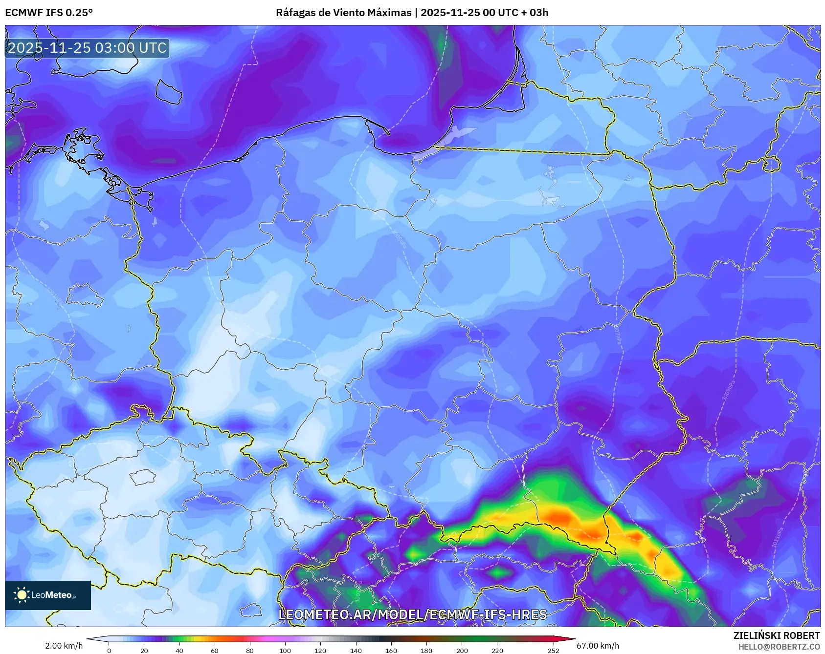 ECMWF IFS 0.25° model - Polonia, Ráfagas de Viento Máximas