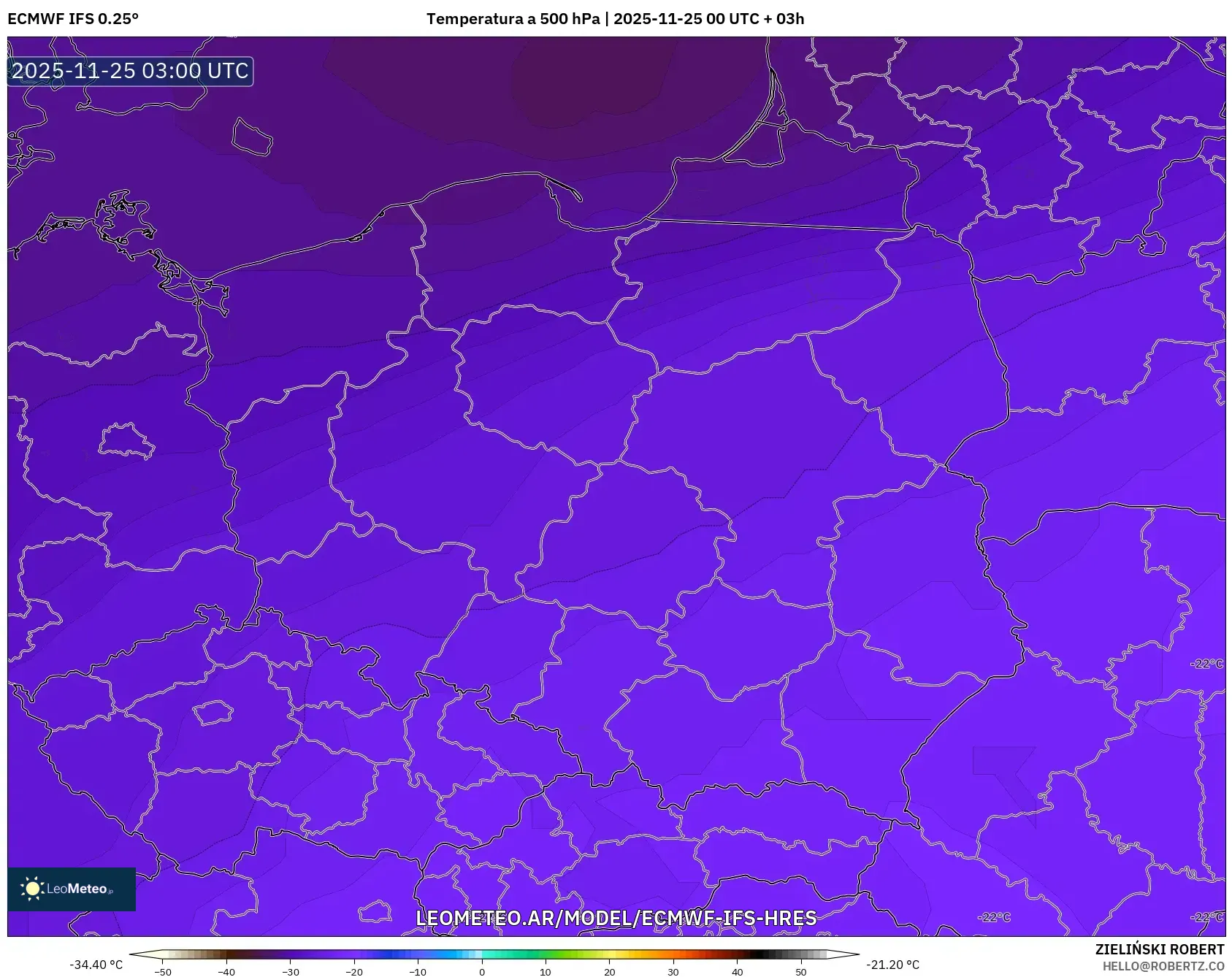 ECMWF IFS 0.25° model - Polonia, Temperatura a 500 hPa