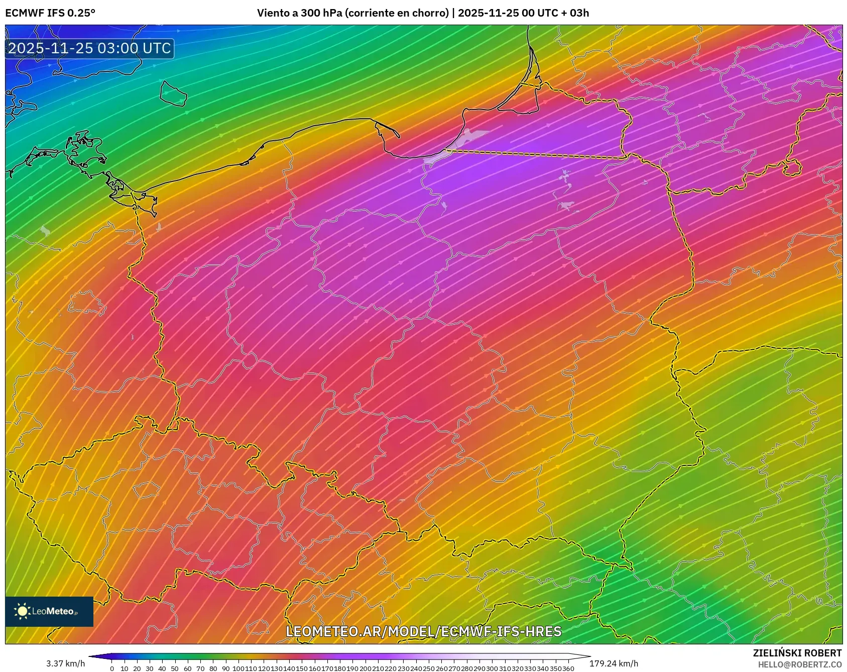ECMWF IFS 0.25° model - Polonia, Viento a 300 hPa (corriente en chorro)