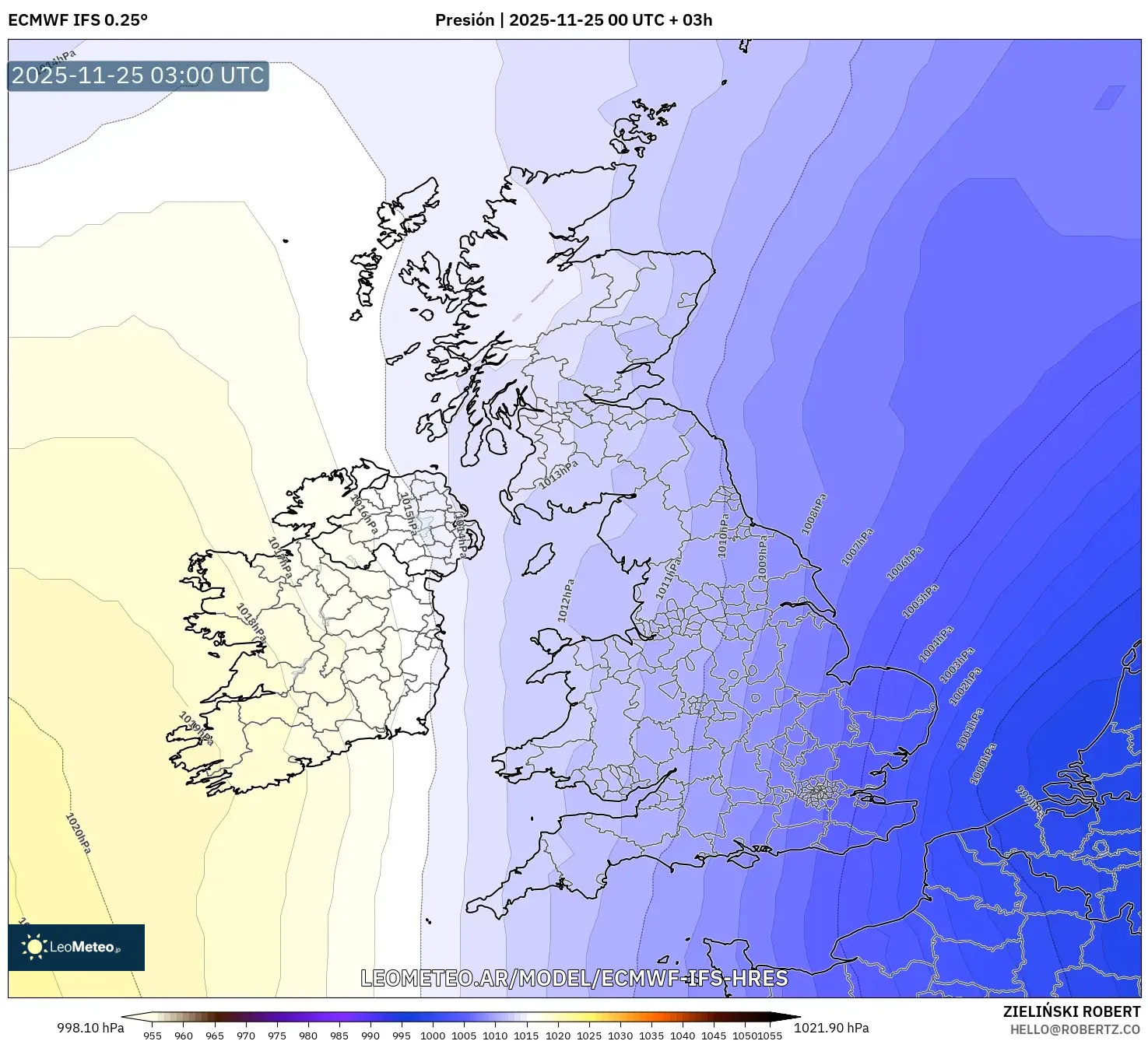 ECMWF IFS 0.25° model - Reino Unido, Presión