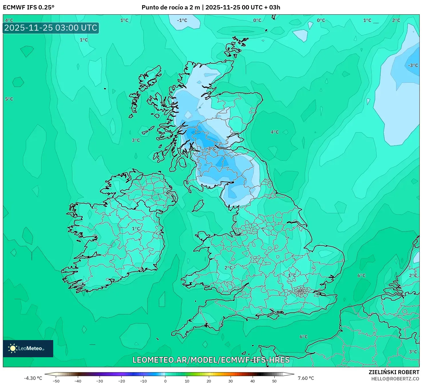 ECMWF IFS 0.25° model - Reino Unido, Punto de rocío a 2 m