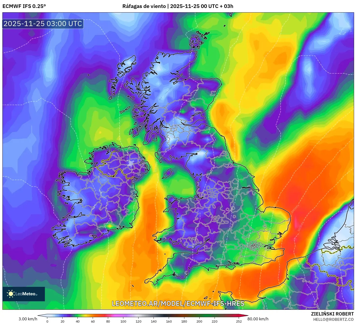 ECMWF IFS 0.25° model - Reino Unido, Ráfagas de viento