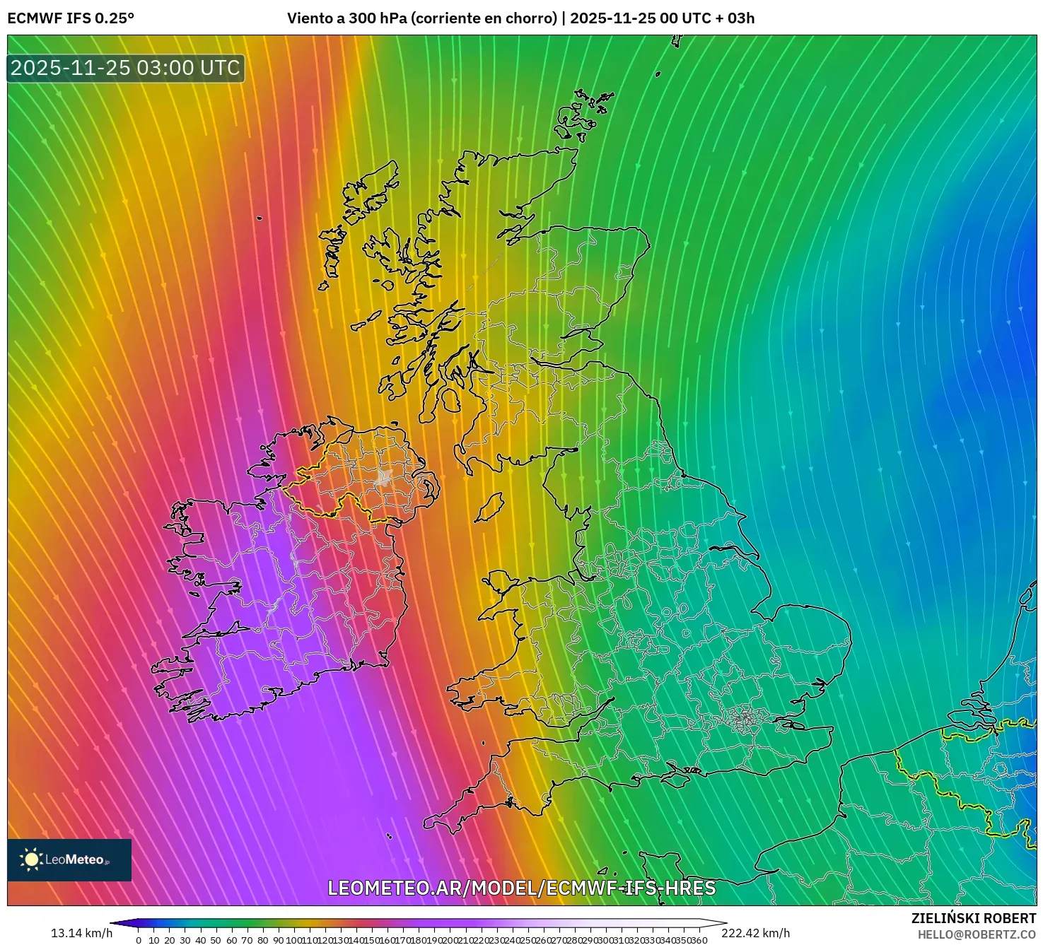 ECMWF IFS 0.25° model - Reino Unido, Viento a 300 hPa (corriente en chorro)