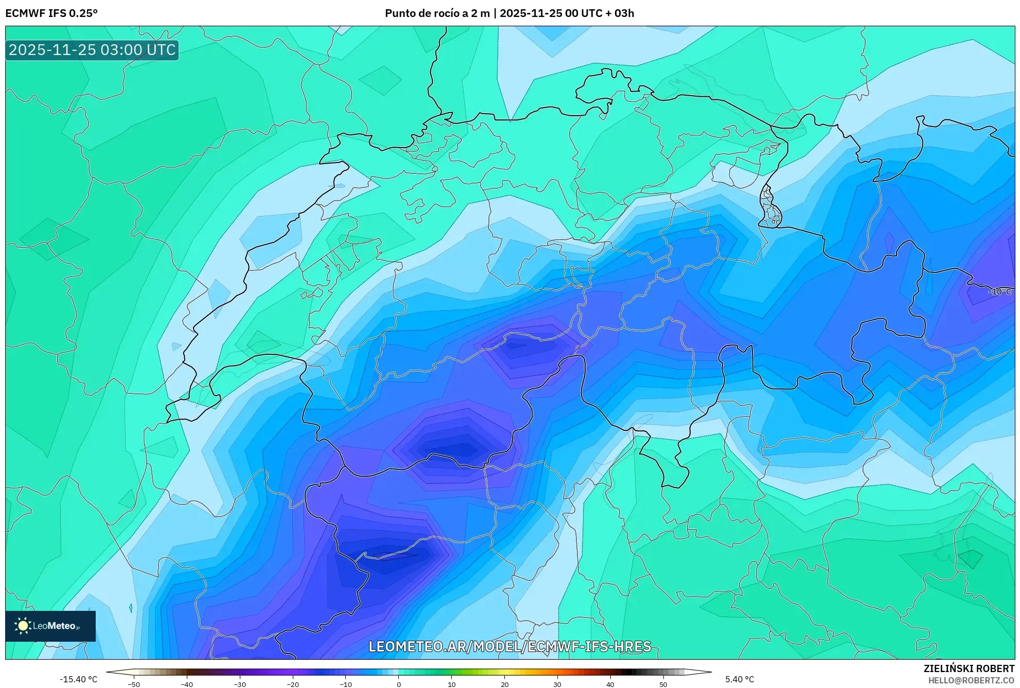 ECMWF IFS 0.25° model - Suiza, Punto de rocío a 2 m