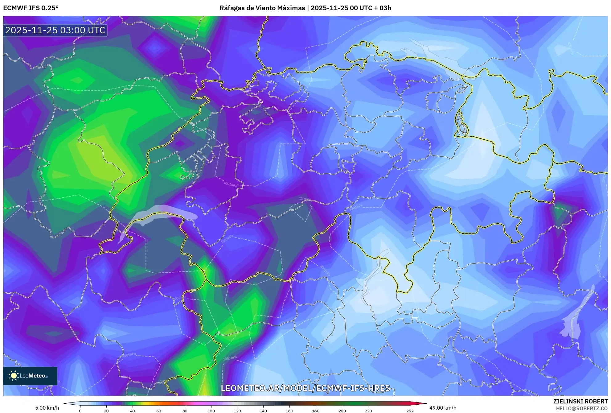 ECMWF IFS 0.25° model - Suiza, Ráfagas de Viento Máximas