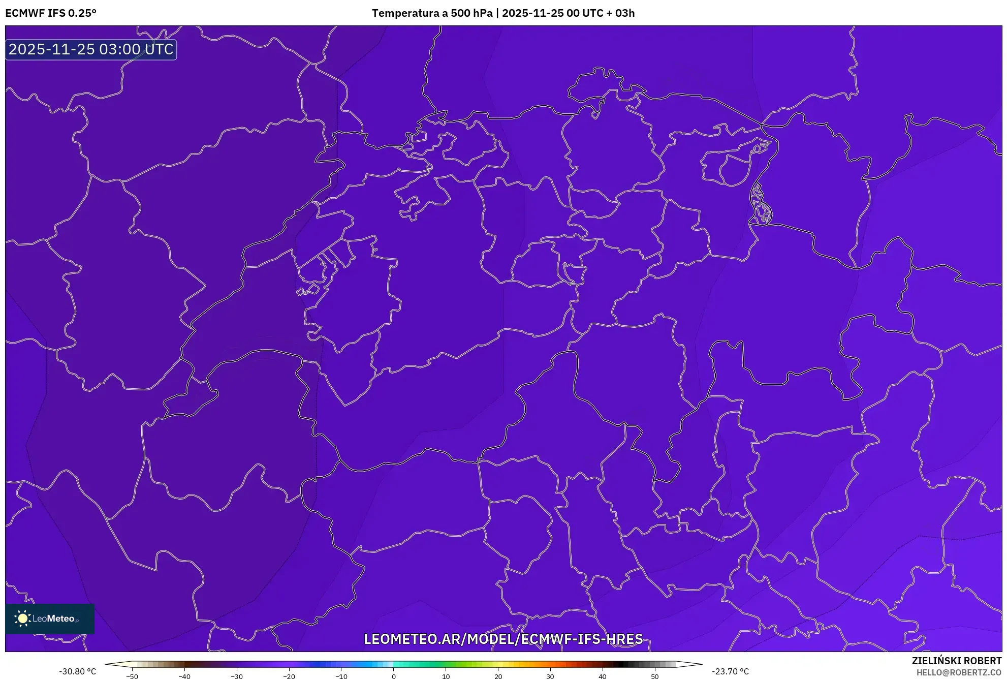 ECMWF IFS 0.25° model - Suiza, Temperatura a 500 hPa
